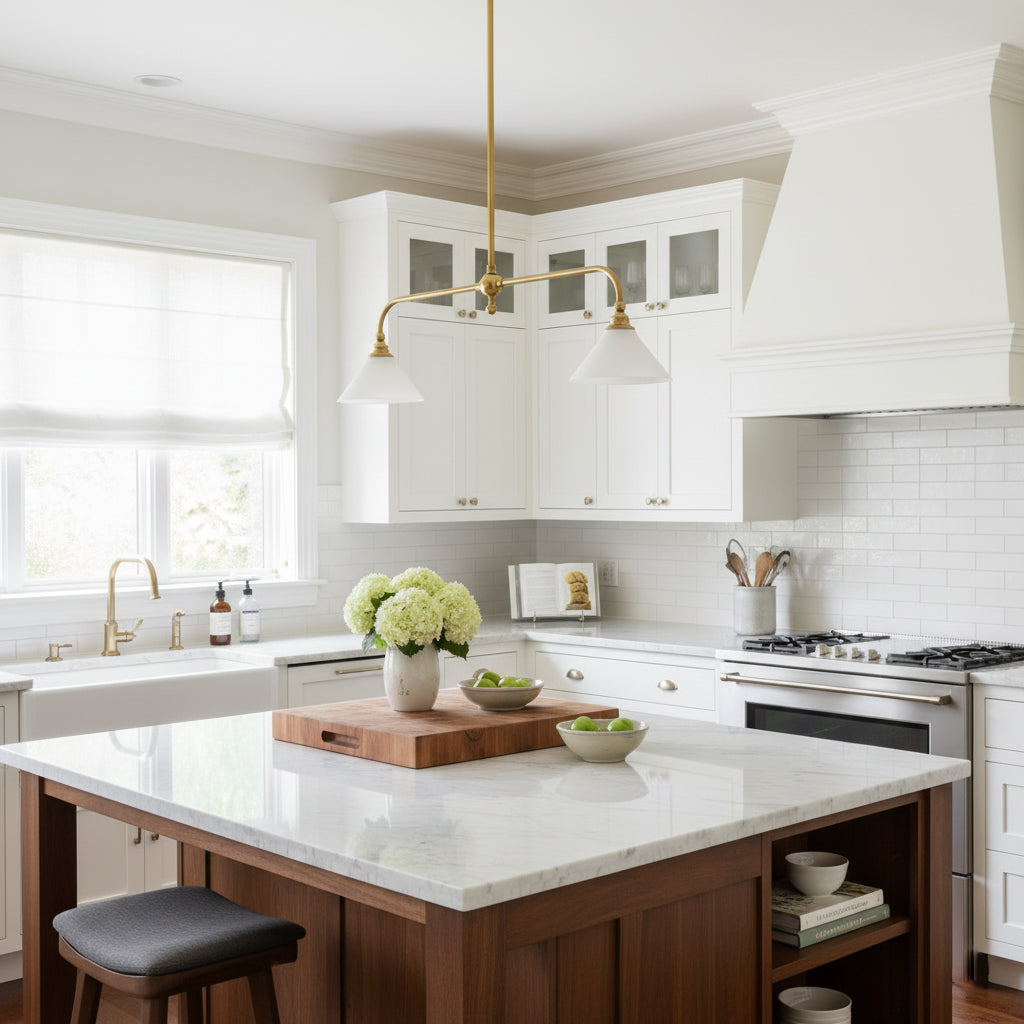 Luxe Design Hanglamp Met Witte Glazen Kappen Voor Eettafel En Keukeneiland In Messing Afwerking | Sansoti