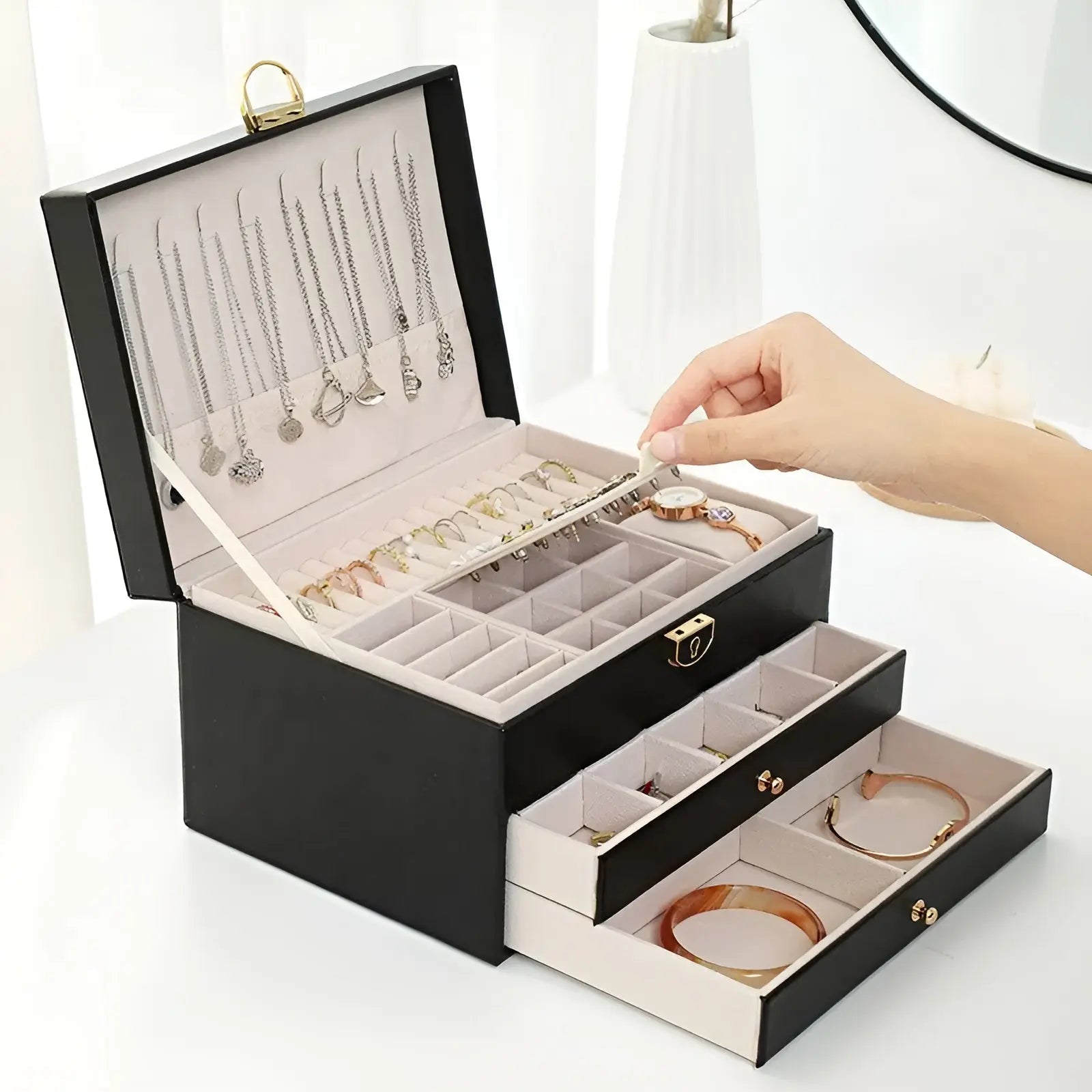 Luxe Sieradenbox met Meerdere Lagen – Elegante Opberger voor Ringen Kettingen Oorbellen – PU Leer – 23x17x13,5 cm | Sansoti