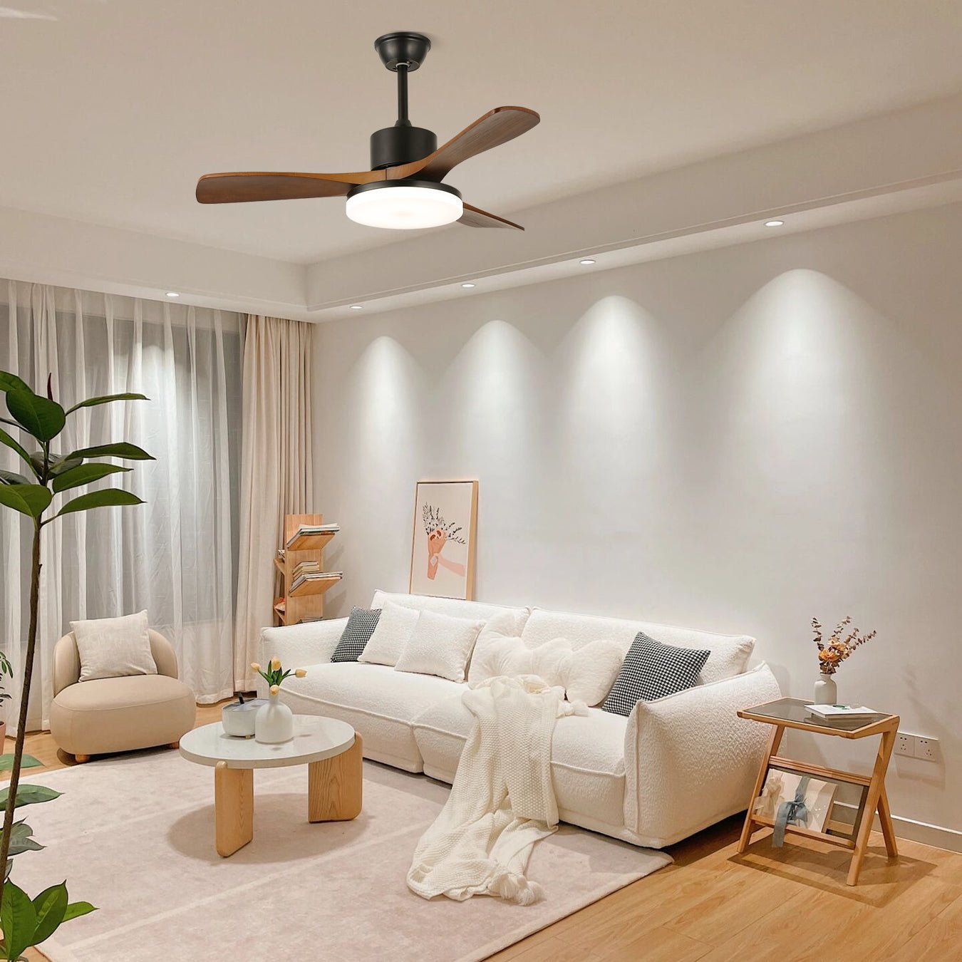 Scandinavisch geïnspireerde plafondventilator met verlichting en afstandsbediening – 6 snelheden, dimbaar LED, verkrijgbaar in 126 cm en 132 cm diameter | Sansoti