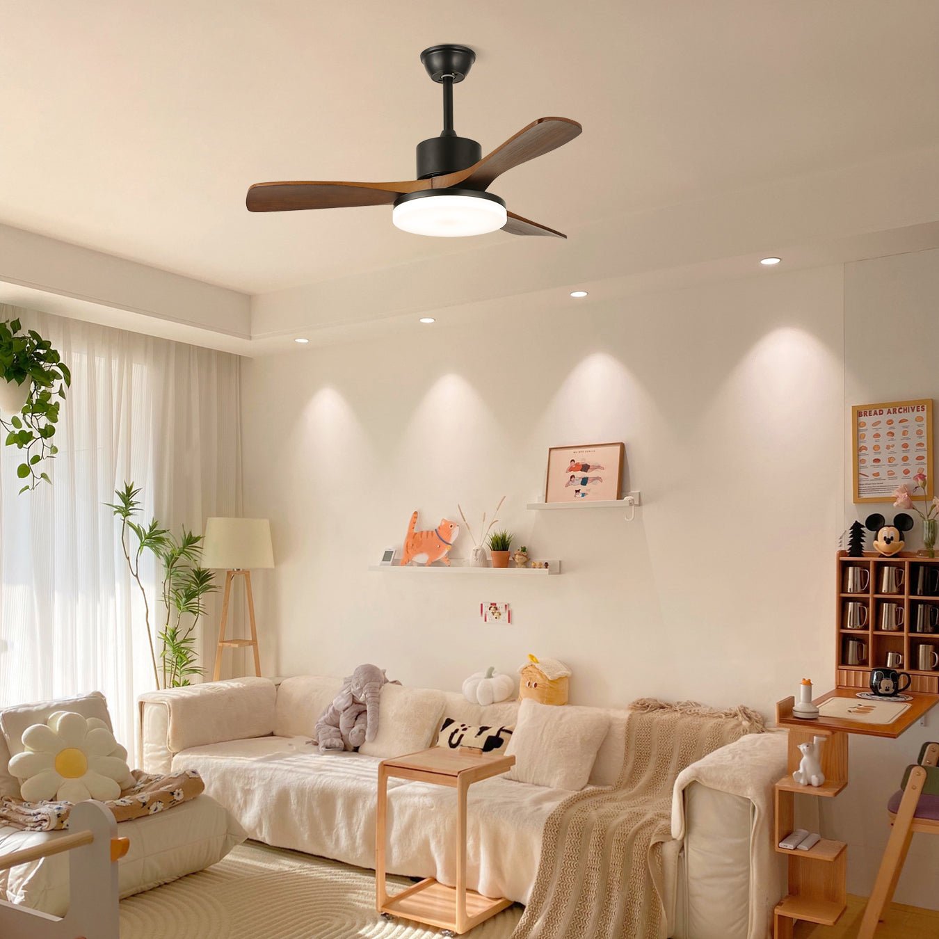 Scandinavisch geïnspireerde plafondventilator met verlichting en afstandsbediening – 6 snelheden, dimbaar LED, verkrijgbaar in 126 cm en 132 cm diameter | Sansoti