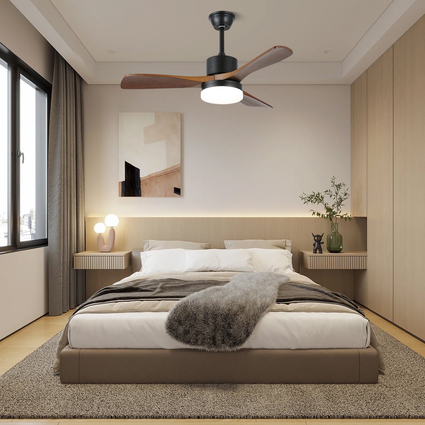 Scandinavisch geïnspireerde plafondventilator met verlichting en afstandsbediening – 6 snelheden, dimbaar LED, verkrijgbaar in 126 cm en 132 cm diameter | Sansoti