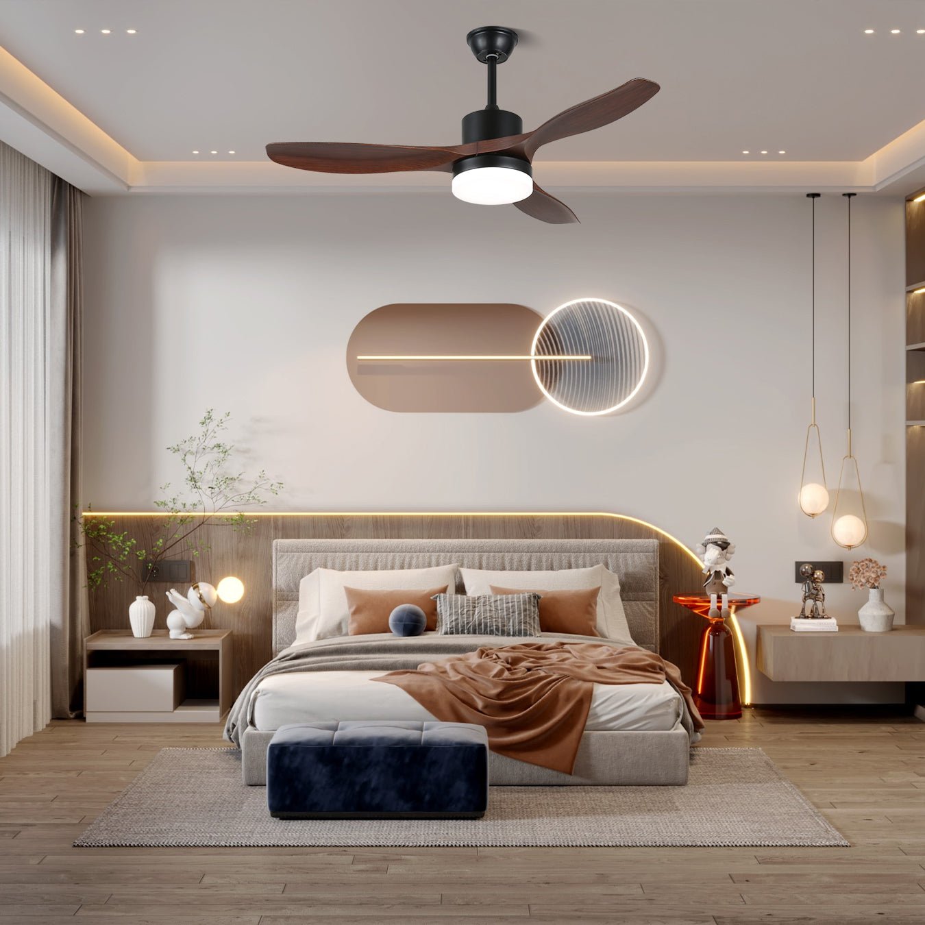 Moderne Plafondventilator met Verlichting Minimalistische Darian in Houtafwerking – Scandinavisch Ontwerp Ø126-132cm | Sansoti