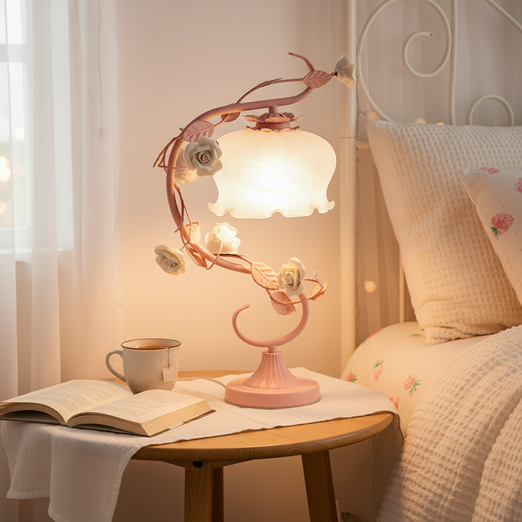 Tafelamp Rozen Metaal Glas Roze Slaapkamer Nachtkastlamp Romantisch Shabby Chic Bloemen Decoratielamp | Sansoti