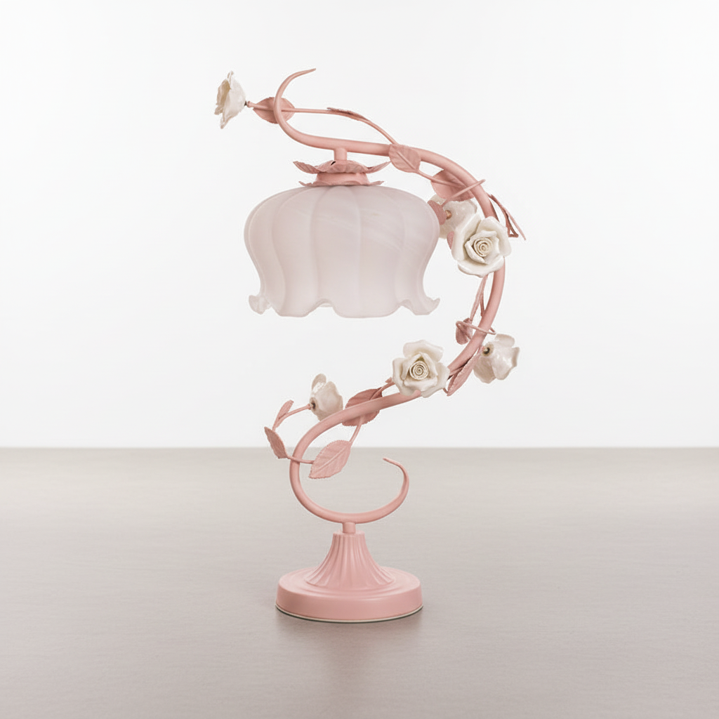Tafelamp Rozen Metaal Glas Roze Slaapkamer Nachtkastlamp Romantisch Shabby Chic Bloemen Decoratielamp | Sansoti