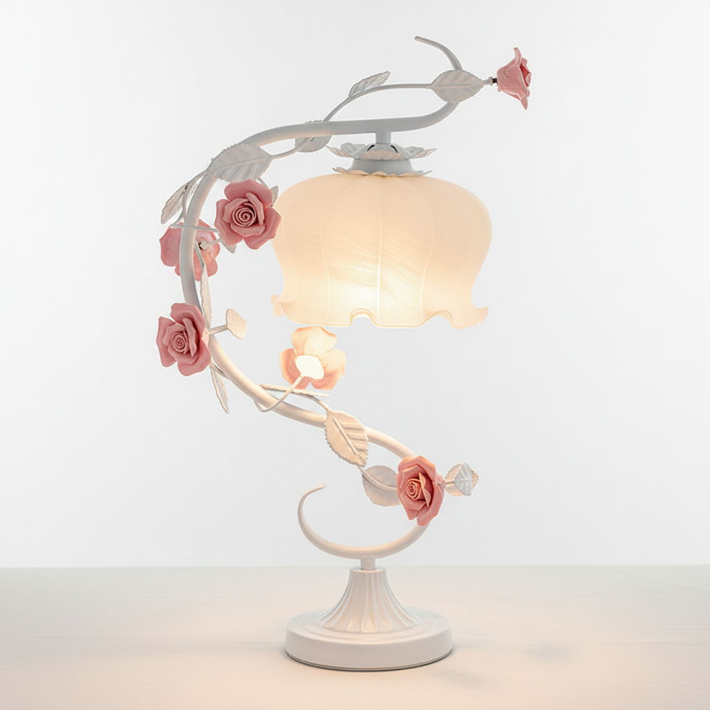 Tafelamp Rozen Metaal Glas Roze Slaapkamer Nachtkastlamp Romantisch Shabby Chic Bloemen Decoratielamp | Sansoti
