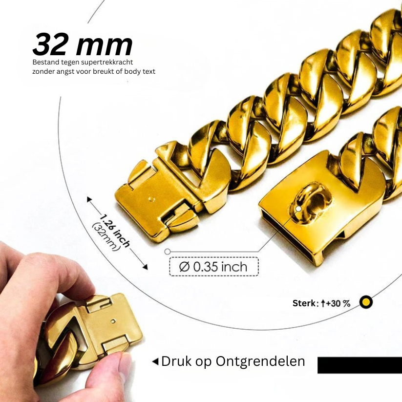 Stevige RVS Hondenhalsband 32mm Breed Metalen Ketting Schakelband voor Grote Honden Pitbull Buldog Herder Luxe Bevestiging Goud Zilver Zwart Roségold Meerkleurig 25-75cm | Sansoti