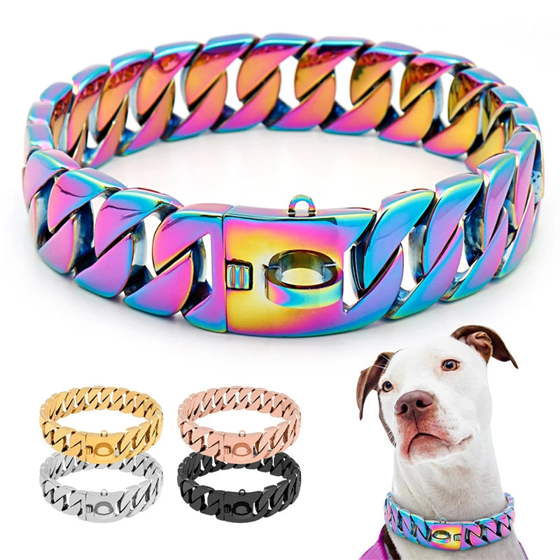 Stevige RVS Hondenhalsband 32mm Breed Metalen Ketting Schakelband voor Grote Honden Pitbull Buldog Herder Luxe Bevestiging Goud Zilver Zwart Roségold Meerkleurig 25-75cm | Sansoti