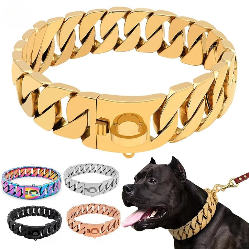 Stevige RVS Hondenhalsband 32mm Breed Metalen Ketting Schakelband voor Grote Honden Pitbull Buldog Herder Luxe Bevestiging Goud Zilver Zwart Roségold Meerkleurig 25-75cm | Sansoti