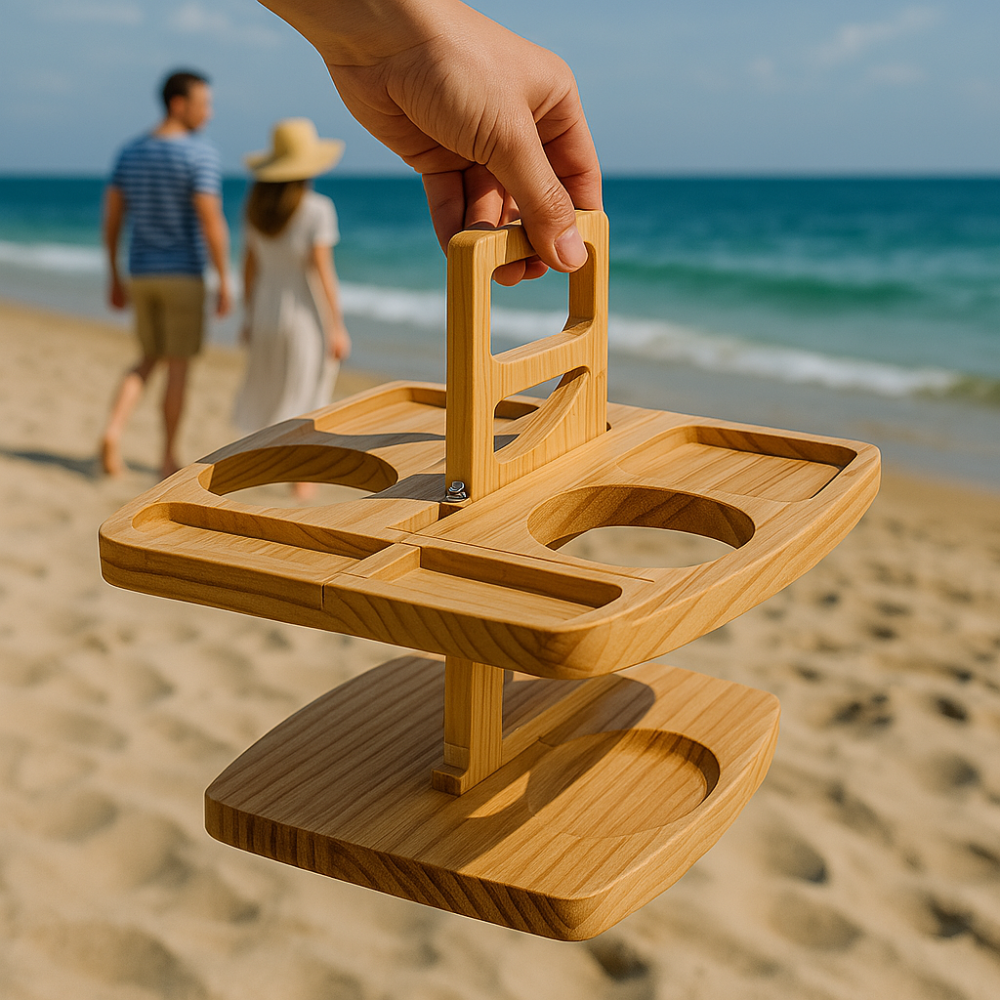 Draagbaar Houten Wijnplateau met Fleshouders en Glazenhouder voor Picknick Tuin Strand Park | Sansoti