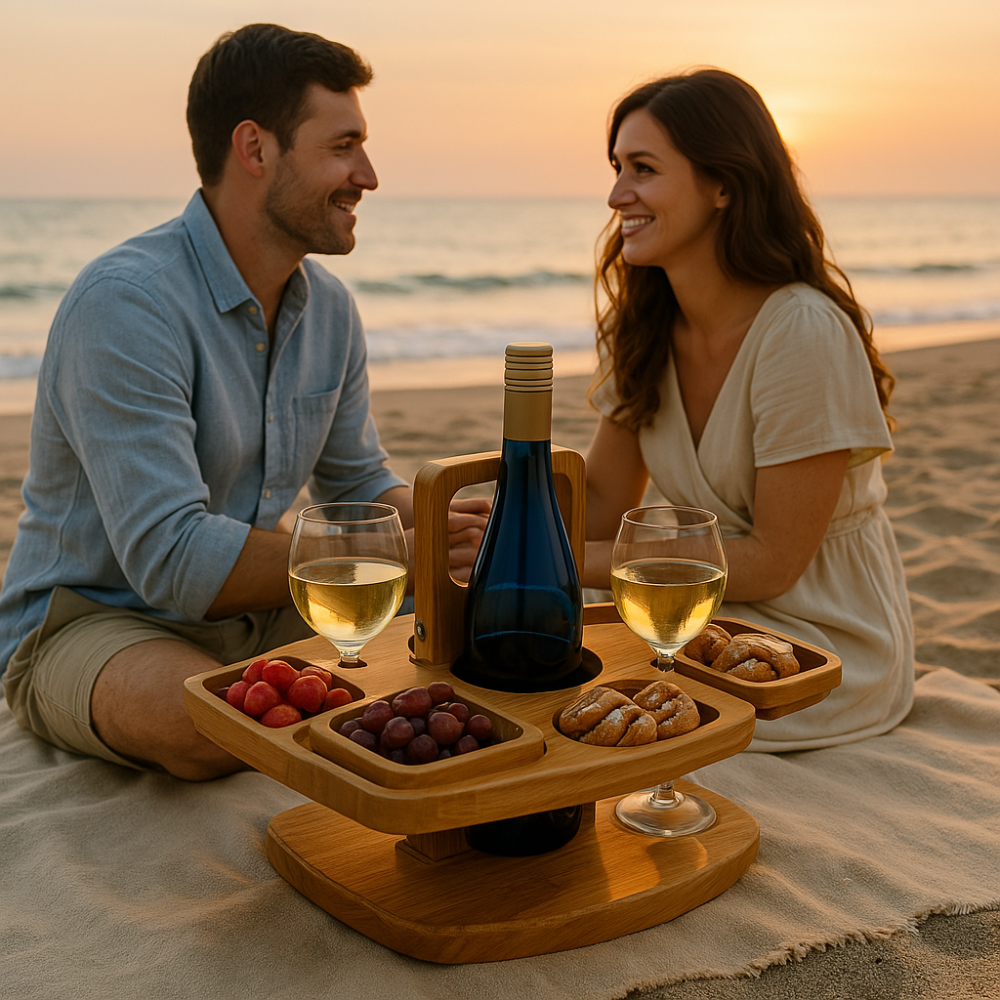 Draagbaar Houten Wijnplateau met Fleshouders en Glazenhouder voor Picknick Tuin Strand Park | Sansoti