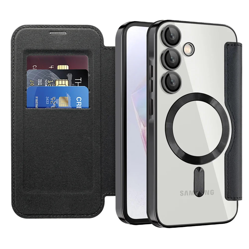Clear Flip Wallet Case with Card Slots and Magnetic Closure for Samsung Galaxy S22 S23 S24 S25 S26 Ultra | Sansoti