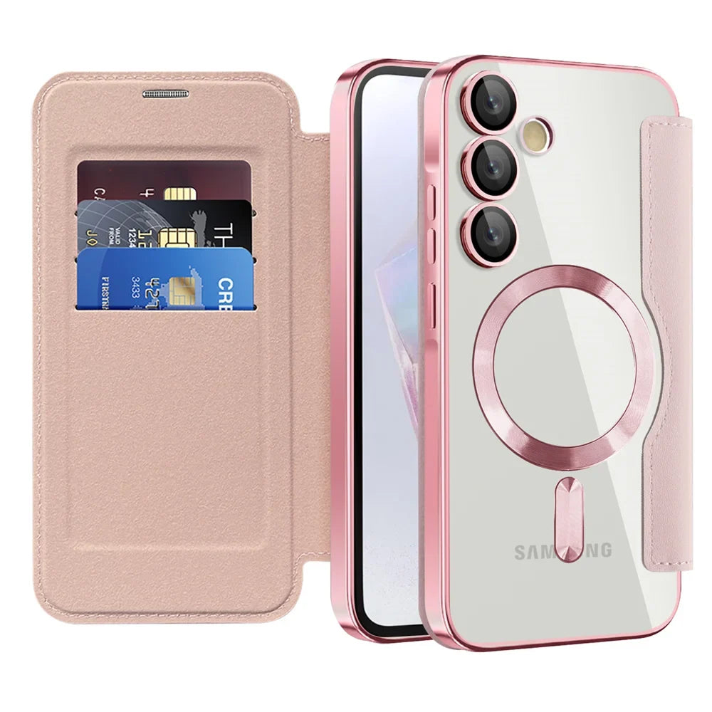 Clear Flip Wallet Case with Card Slots and Magnetic Closure for Samsung Galaxy S22 S23 S24 S25 S26 Ultra | Sansoti