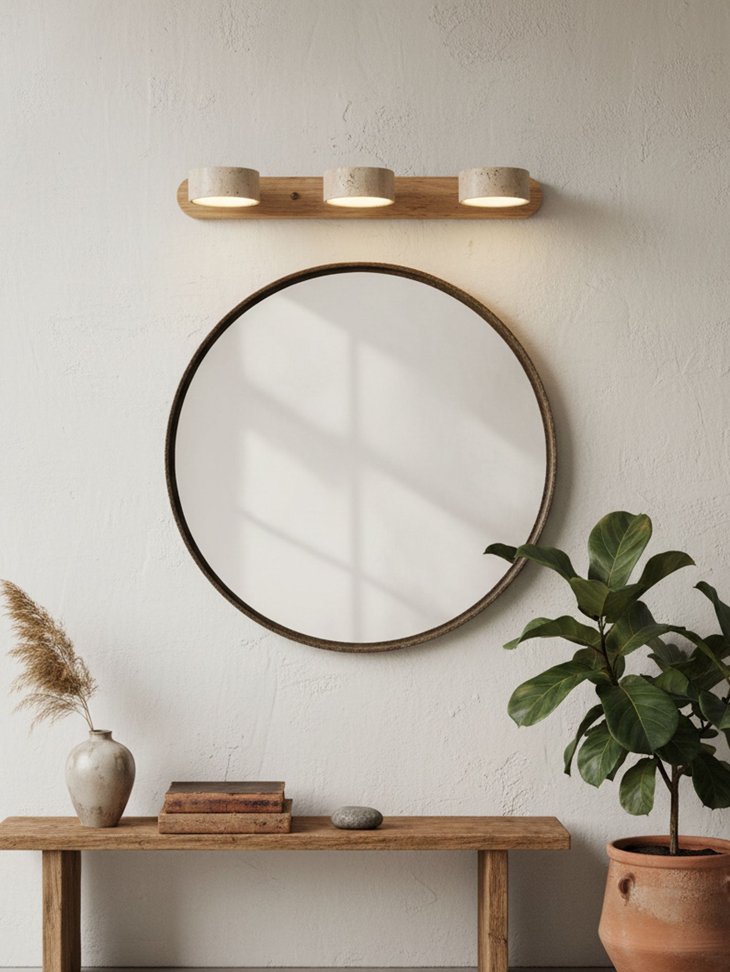 Travertijn Wandlamp Met Houten Basis En Dubbele LED Lichtbron Natuurlijke Steen Design Wandverlichting Voor Slaapkamer Hal En Woonkamer | Sansoti