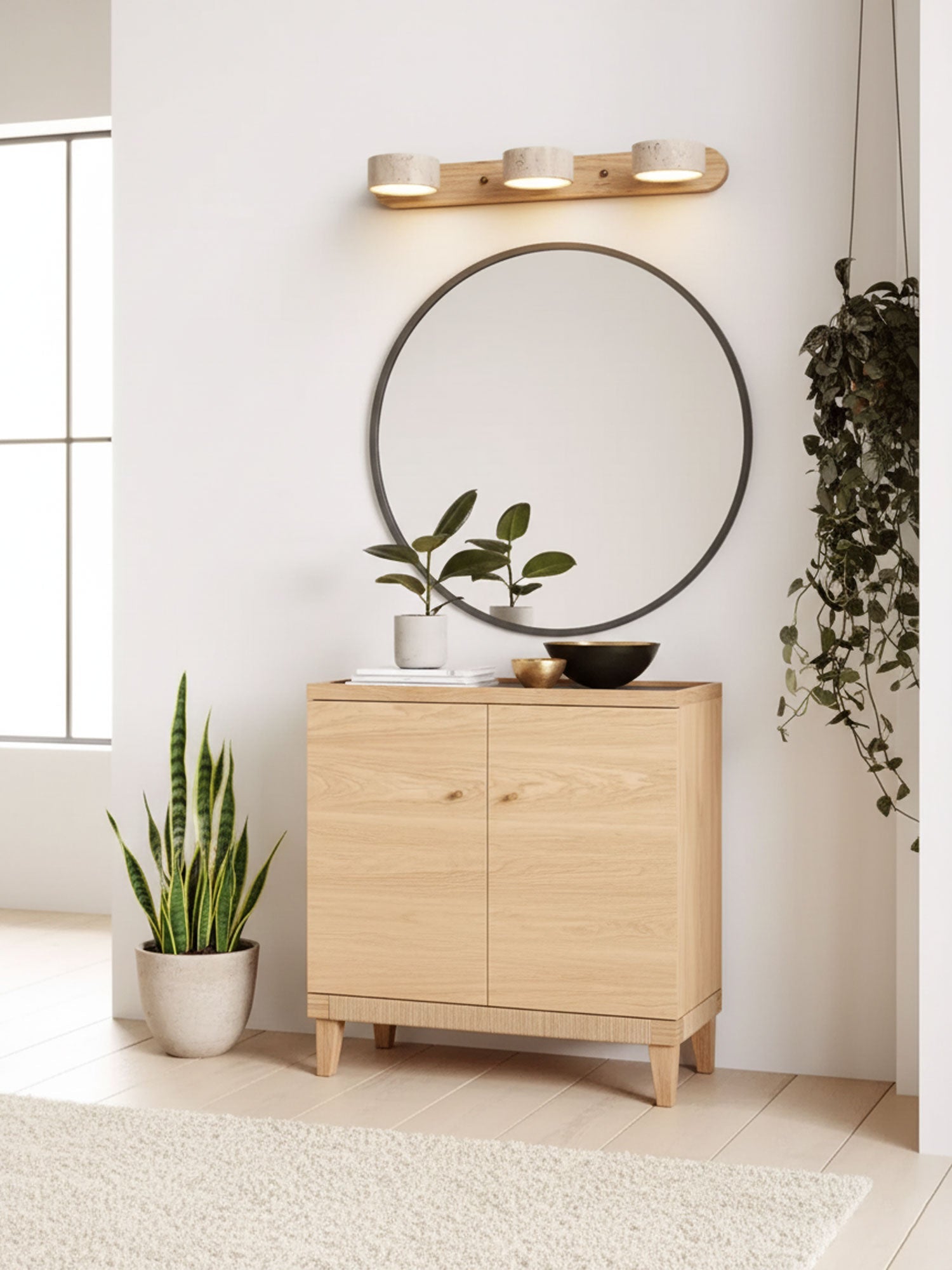 Travertijn Wandlamp Met Houten Basis En Dubbele LED Lichtbron Natuurlijke Steen Design Wandverlichting Voor Slaapkamer Hal En Woonkamer | Sansoti