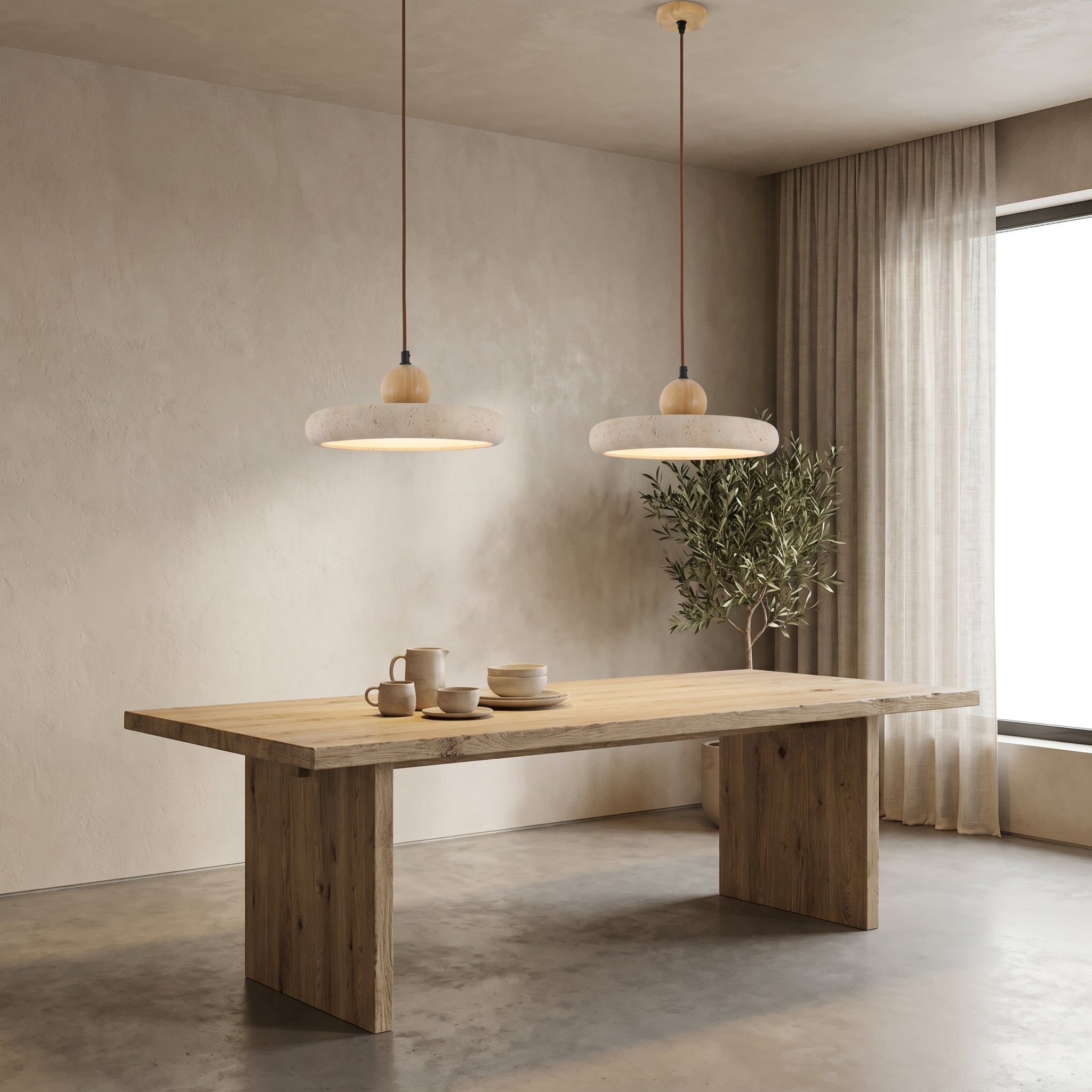 Lampa wisząca z trawertynu i drewna, naturalny kamień, LED, do jadalni, regulowana, design skandynawski, nastrojowe oświetlenie, ciepłe światło | Sansoti