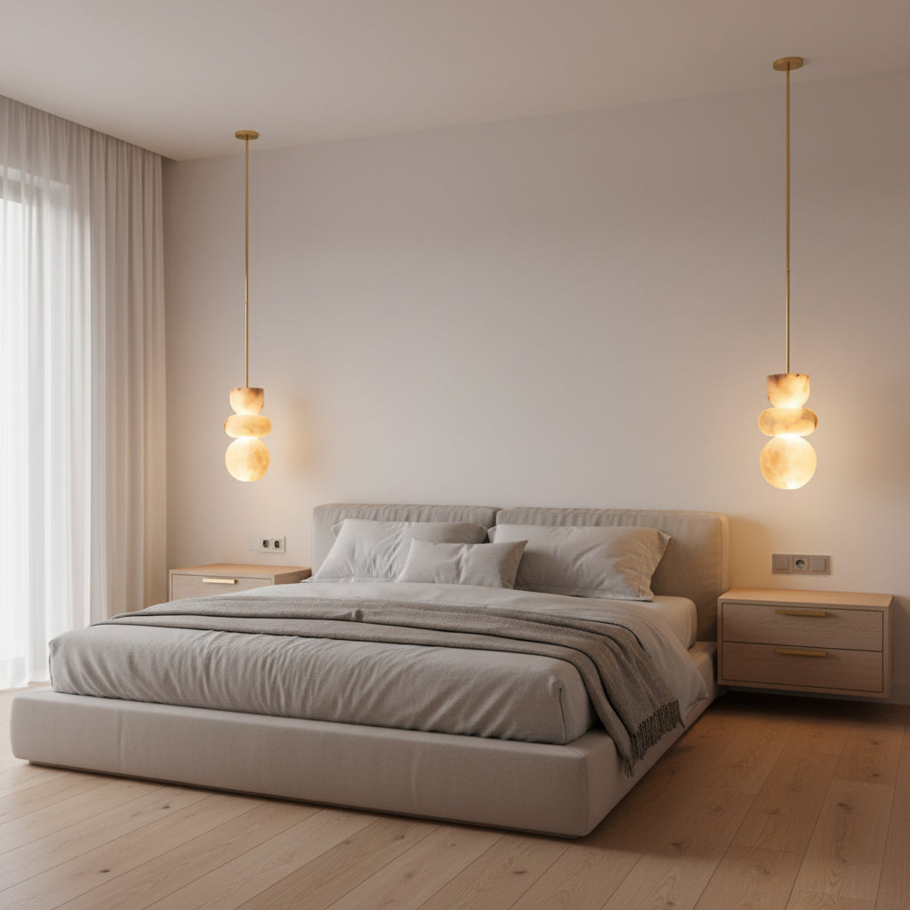 Alabaster Hanglamp met Messing Armatuur en Geïntegreerde LED – Luxe Natuurstenen Design Verlichting | Sansoti