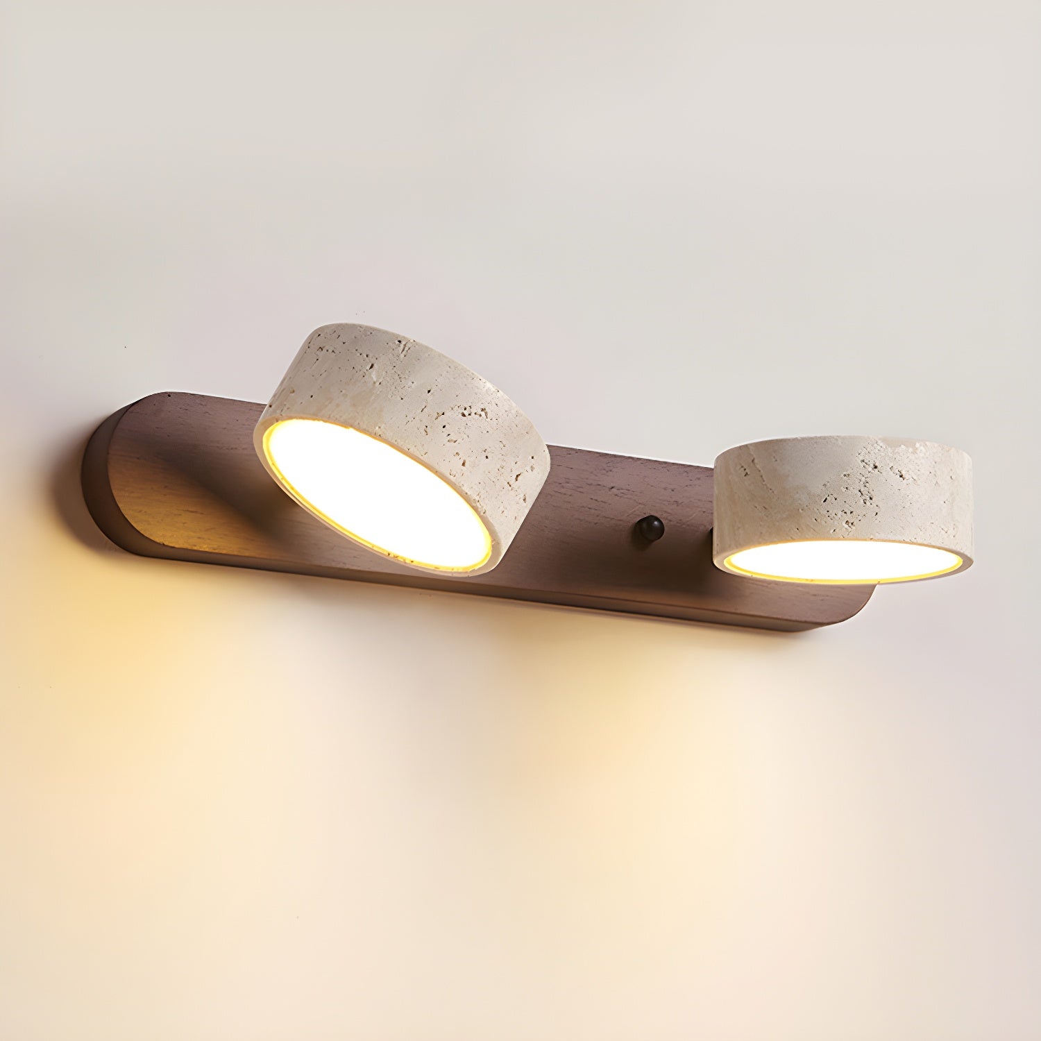 Travertijn Wandlamp Met Houten Basis En Dubbele LED Lichtbron Natuurlijke Steen Design Wandverlichting Voor Slaapkamer Hal En Woonkamer | Sansoti