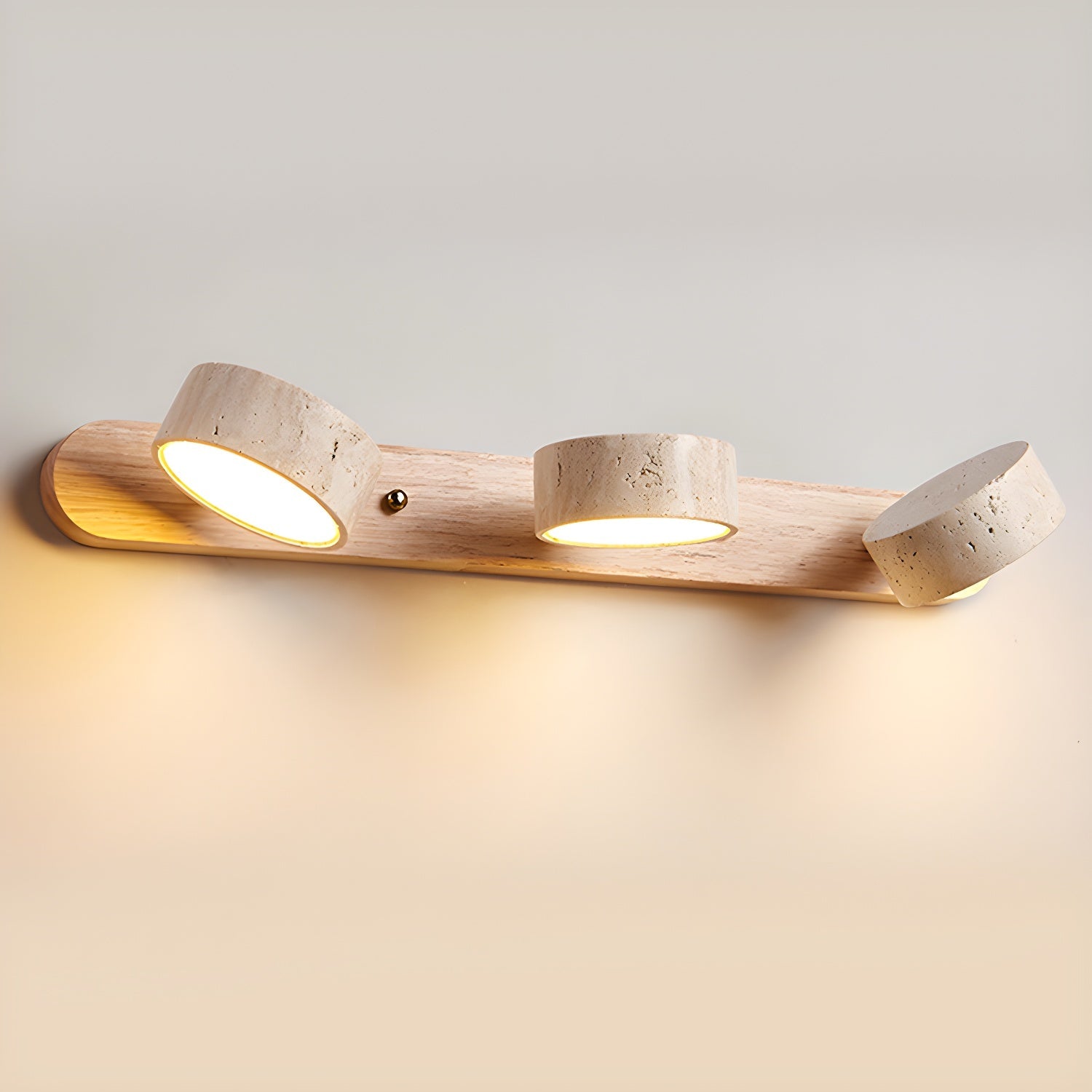 Travertijn Wandlamp Met Houten Basis En Dubbele LED Lichtbron Natuurlijke Steen Design Wandverlichting Voor Slaapkamer Hal En Woonkamer | Sansoti