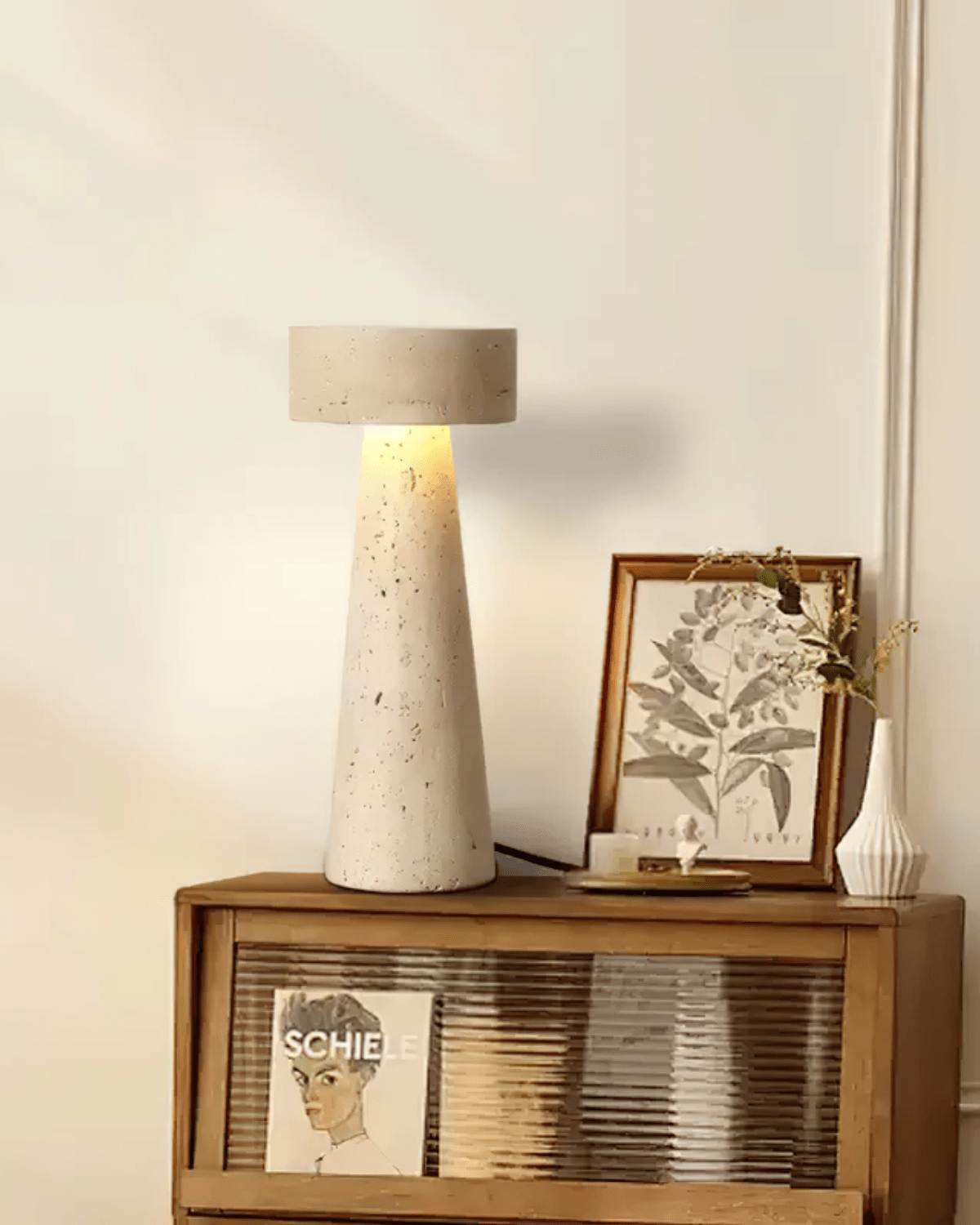 Tischlampe Travertin Naturstein Säule Design 30cm Beige Stimmungslicht | Restfield