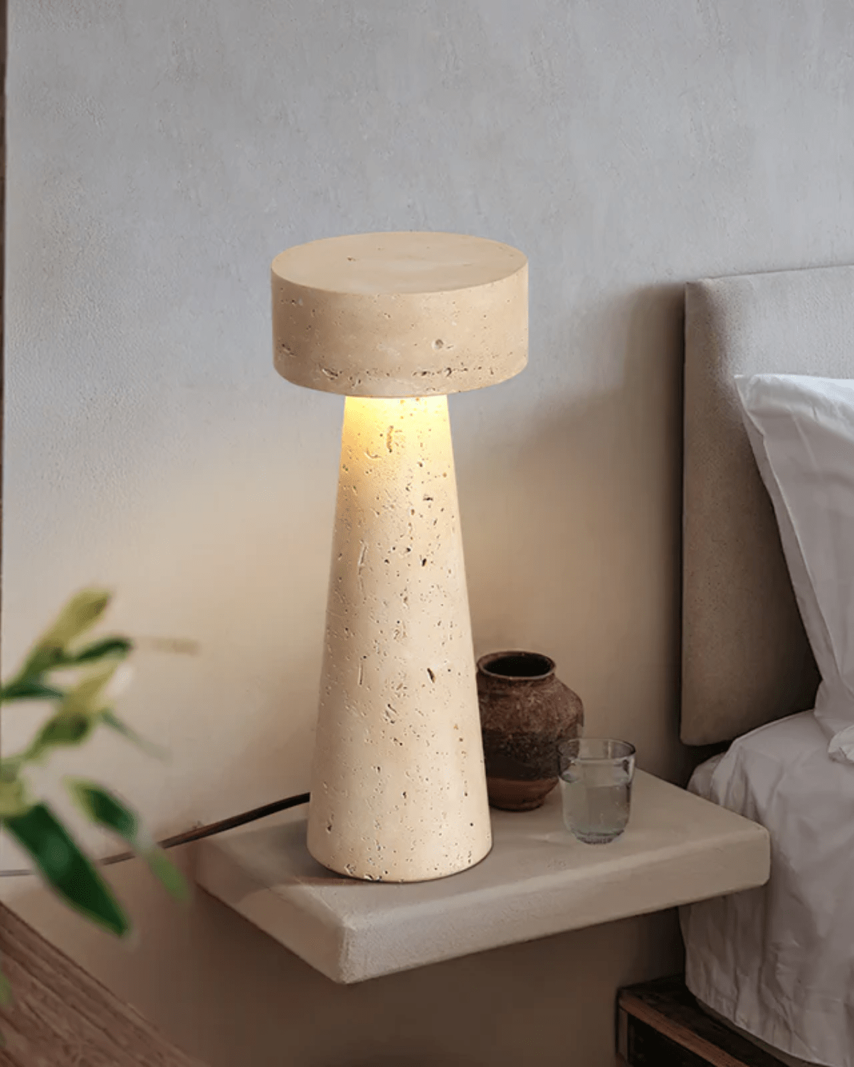 Tischlampe Travertin Naturstein Säule Design 30cm Beige Stimmungslicht | Restfield