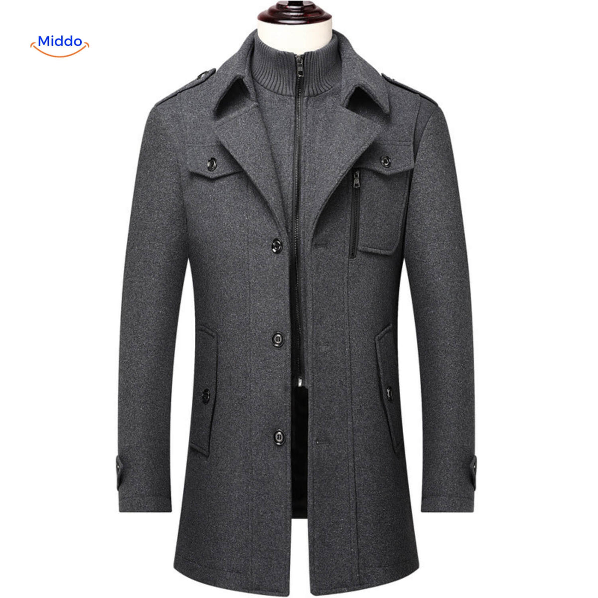 Langer Herren-Wintermantel aus Wollmischung mit doppeltem Kragen, Trenchcoat, Schulterklappen, warm, klassisch und stilvoll für Herbst und Winter | Sansoti
