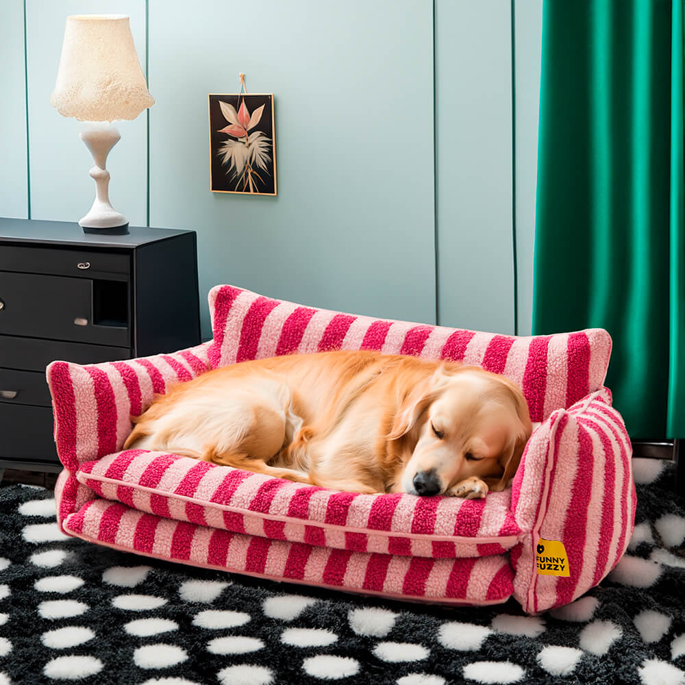 Gestreepte Pluche Hondenbed Tweelaags Kunstlam Warm Afneembaar Beige Roze Zwart M L XL 2XL Huisdier Comfort | Sansoti