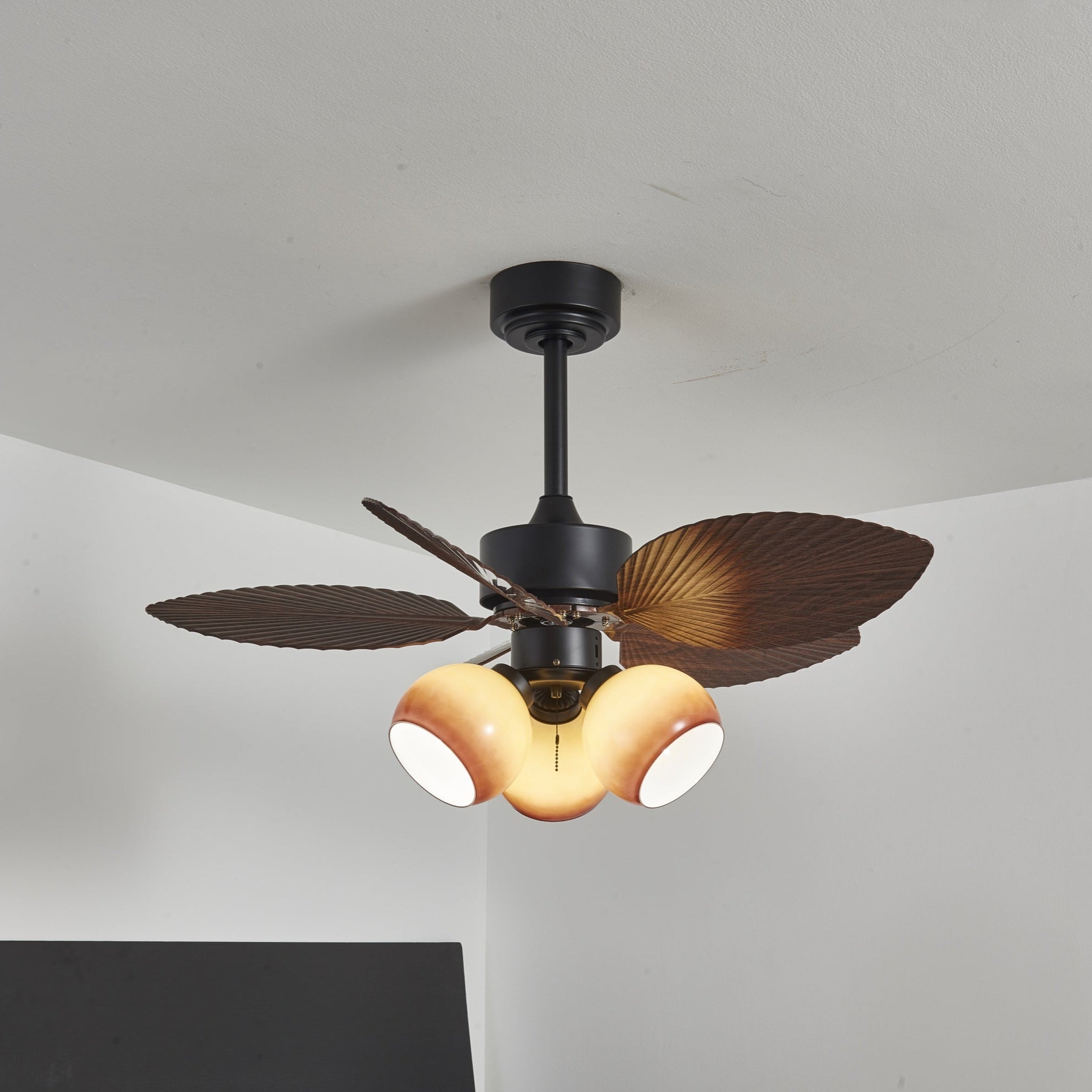 Vintage Plafondventilator met Verlichting – 91cm Diameter – Walnoot Afwerking & Oranje Kap | Sansoti