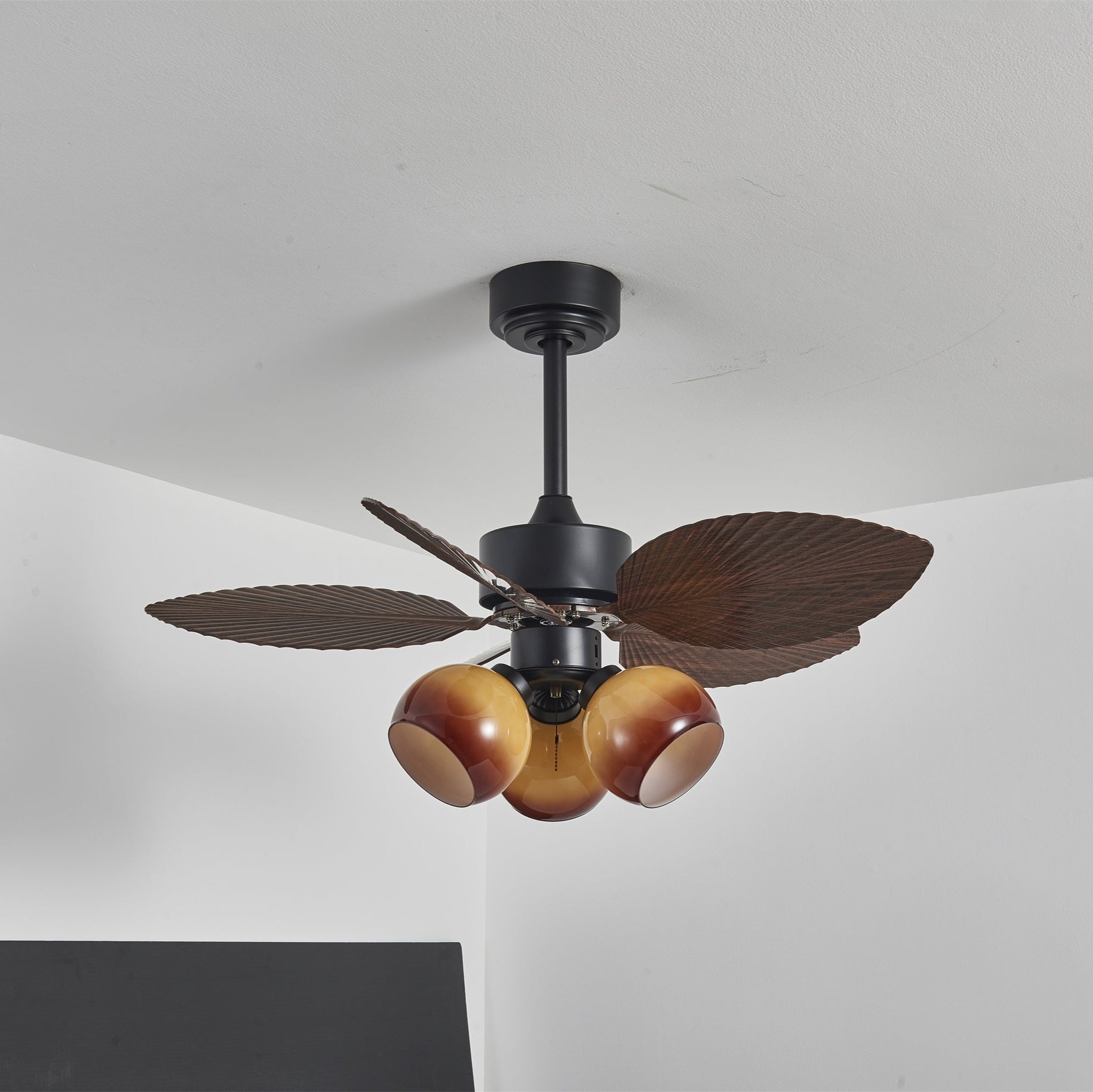 Vintage Plafondventilator met Verlichting – 91cm Diameter – Walnoot Afwerking & Oranje Kap | Sansoti