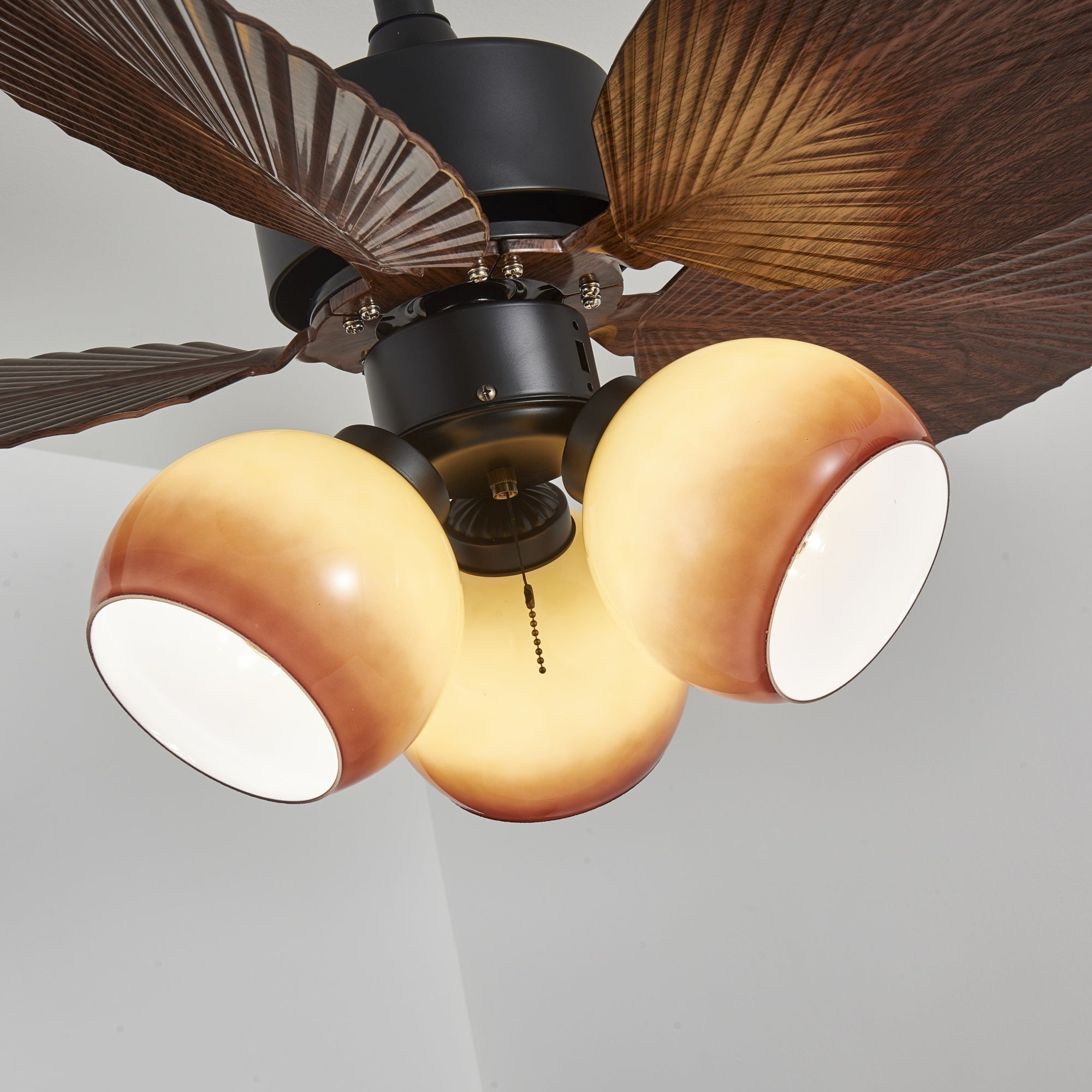 Vintage Plafondventilator met Verlichting – 91cm Diameter – Walnoot Afwerking & Oranje Kap | Sansoti