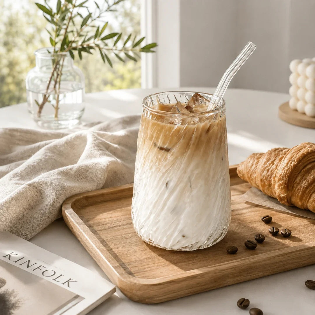 Verre torsadé à texture nervurée avec paille en verre 400ml Verre à boire durable et résistant à la chaleur pour jus | Sansoti