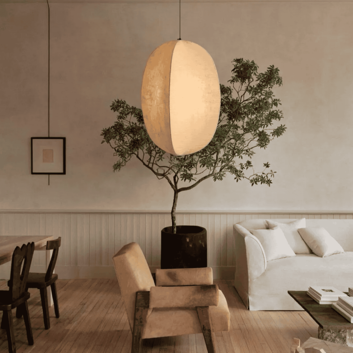 Linen Pendant Light Lantern Shape E27 Natural Textile Hanging Light for Dining Room Hallway Living Room Atmospheric Lighting | Sansoti
