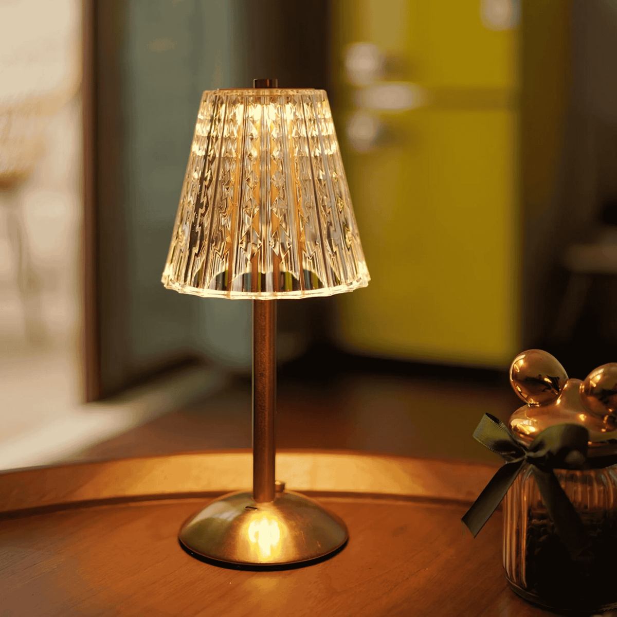 Rechargeable Crystal Gold LED Table Lamp, Cordless and Dimmable, Touch Ambient Lighting for Living Room and Bedroom | Sansoti
