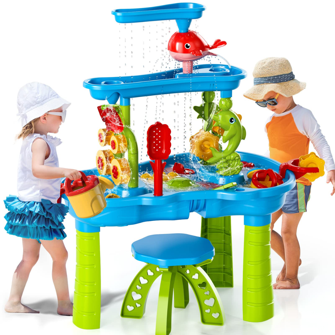 Waterspeeltafel met Accessoires voor Kinderen – Buiten Speelgoed met Watermolen en Watertoren 63x41x82cm – Scandinavisch Geïnspireerd Zandwater Tafeltje voor Tuin | Sansoti