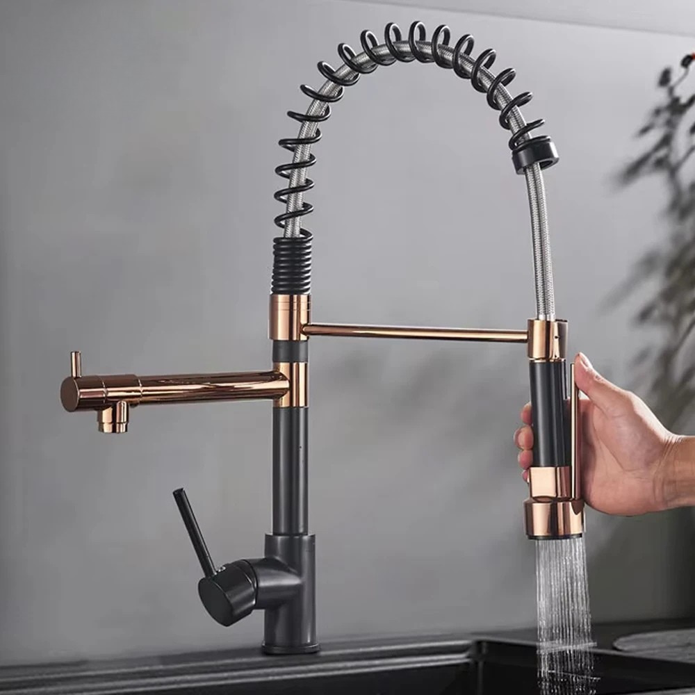Robinet de cuisine extensible chromé à bec orientable, eau chaude et froide, douchette flexible, mitigeur de cuisine | Sansoti