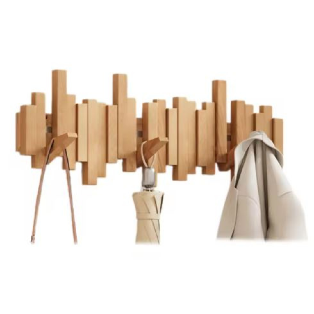 Portemanteau mural en bois à crochets rabattables en placage de hêtre noyer naturel 3-8 crochets pour l’entrée et la chambre | Sansoti