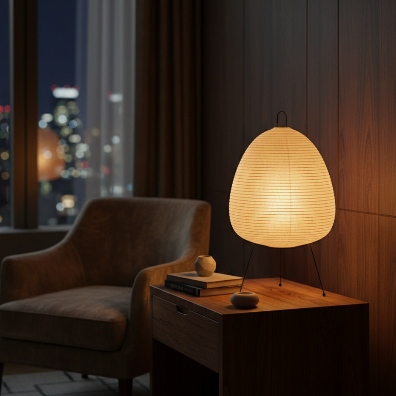Round Table Lamp with Rice Paper and Bamboo - Japanese Inspired Minimalist Design - Warm White 2700K LED - Ø25×38 cm | Sansoti