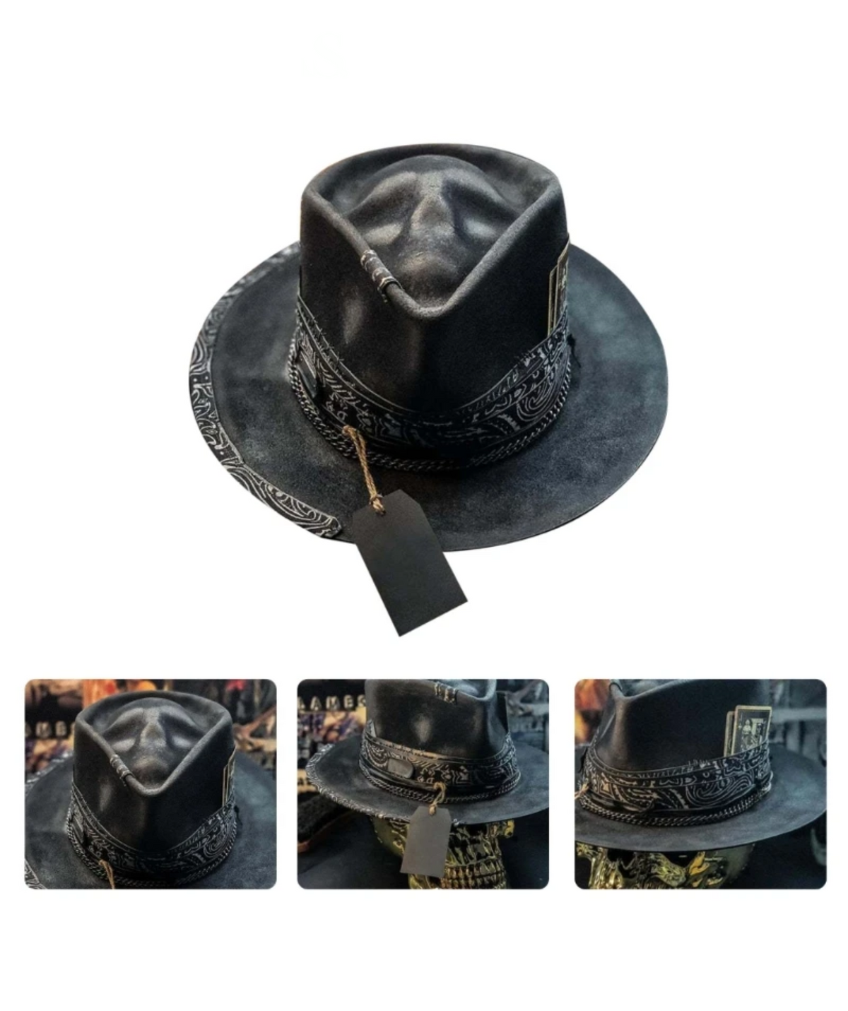 Vilten hoed met schedelmotief zwart handgemaakt festivalaccessoire rock gothic stijl uniek opvallend design | Sansoti