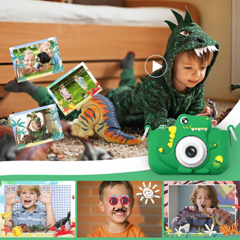Kindercamera met Dinosaurusdesign – Fototoestel voor Jonge Ontdekkers met HD-Opname & Speelse Dino-Stickers | Sansoti
