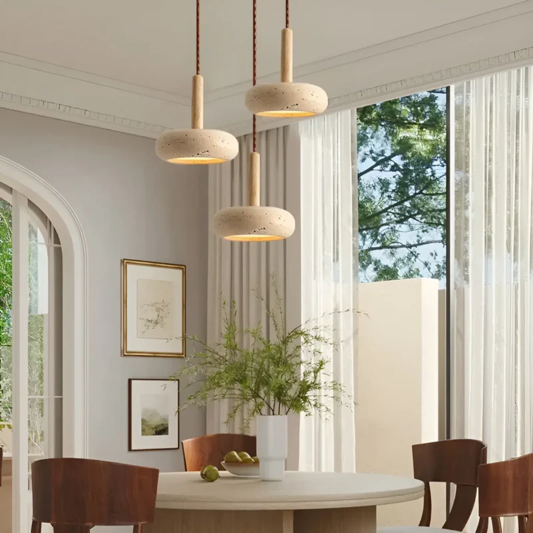 Hanglamp Japanse Stijl LED Natuursteen Hout Verstelbaar Ø15cm Warm Licht Woonkamer Eetkamer Sfeervol | Sansoti