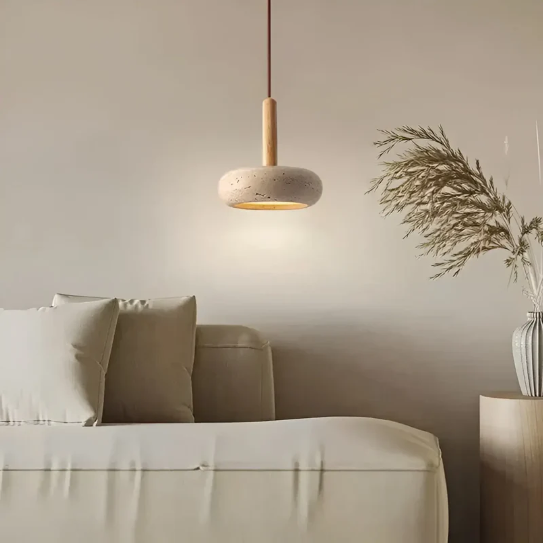 Hanglamp Japanse Stijl LED Natuursteen Hout Verstelbaar Ø15cm Warm Licht Woonkamer Eetkamer Sfeervol | Sansoti