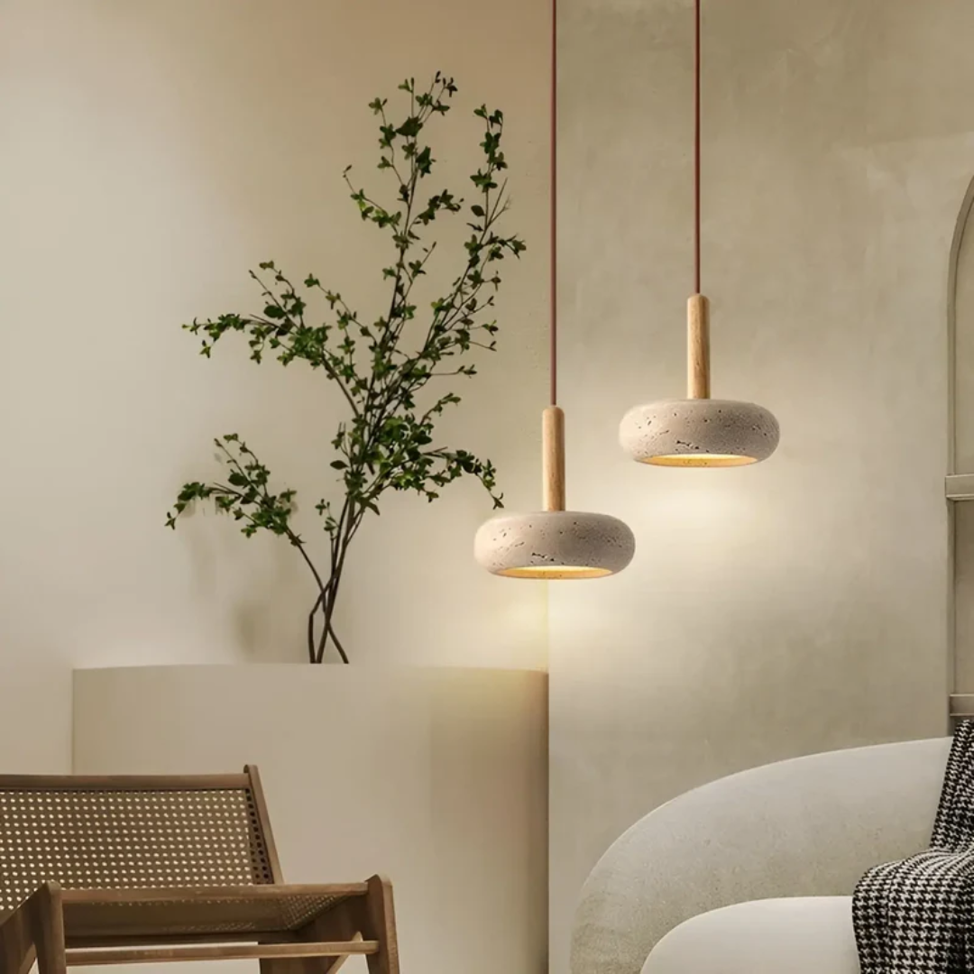 Hanglamp Japanse Stijl LED Natuursteen Hout Verstelbaar Ø15cm Warm Licht Woonkamer Eetkamer Sfeervol | Sansoti