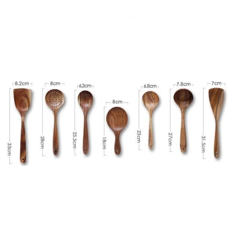7-teiliges Küchenutensilien-Set aus Teakholz, Löffel, Pfannenwender, Suppenkelle und Öllöffel, langlebiges Naturmaterial | Sansoti