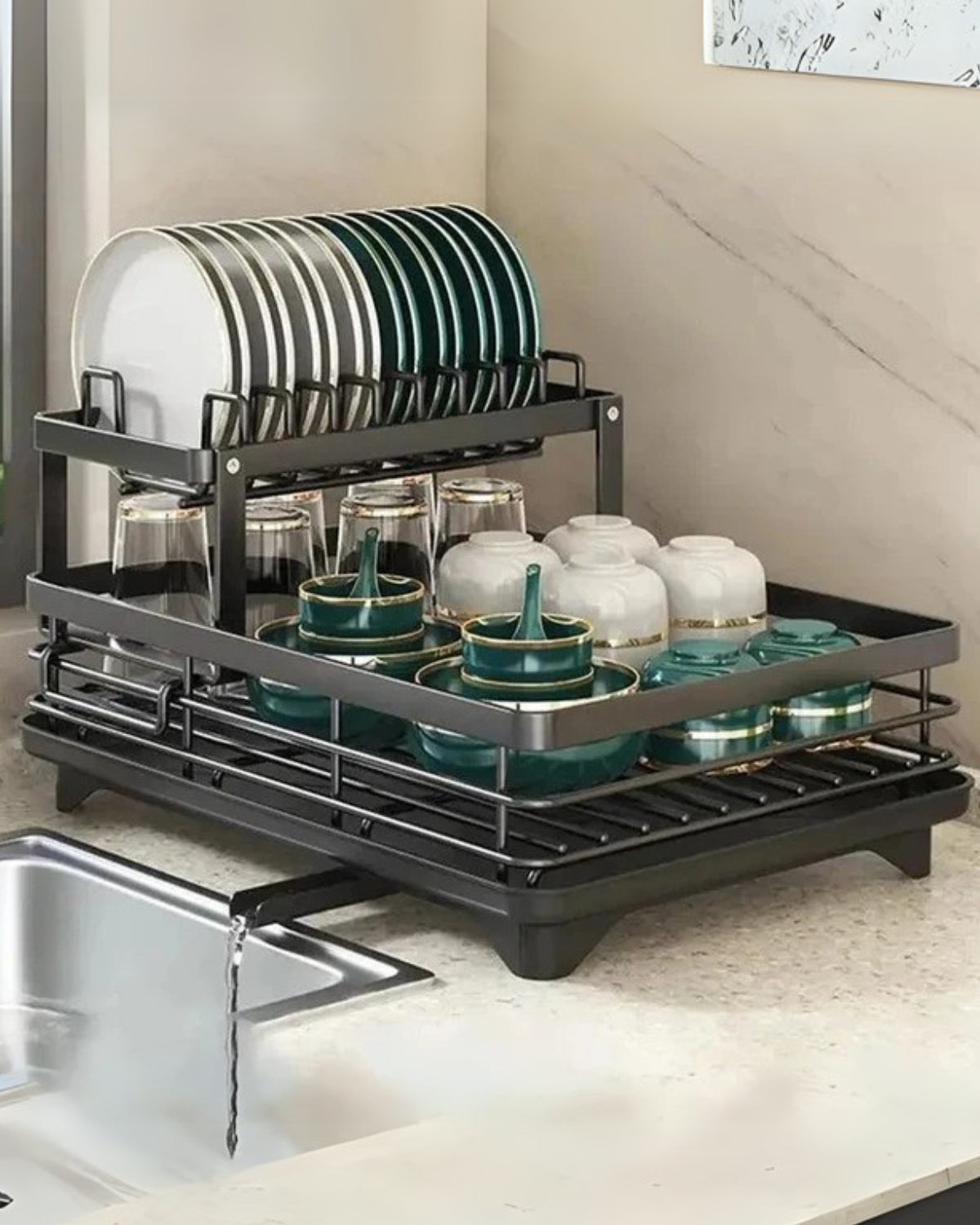 Modernes Abtropfgestell aus Karbonstahl mit 360° drehbarem Abfluss – luxuriöses Küchen-Abtropfgestell mit mehreren Ebenen | Restfield