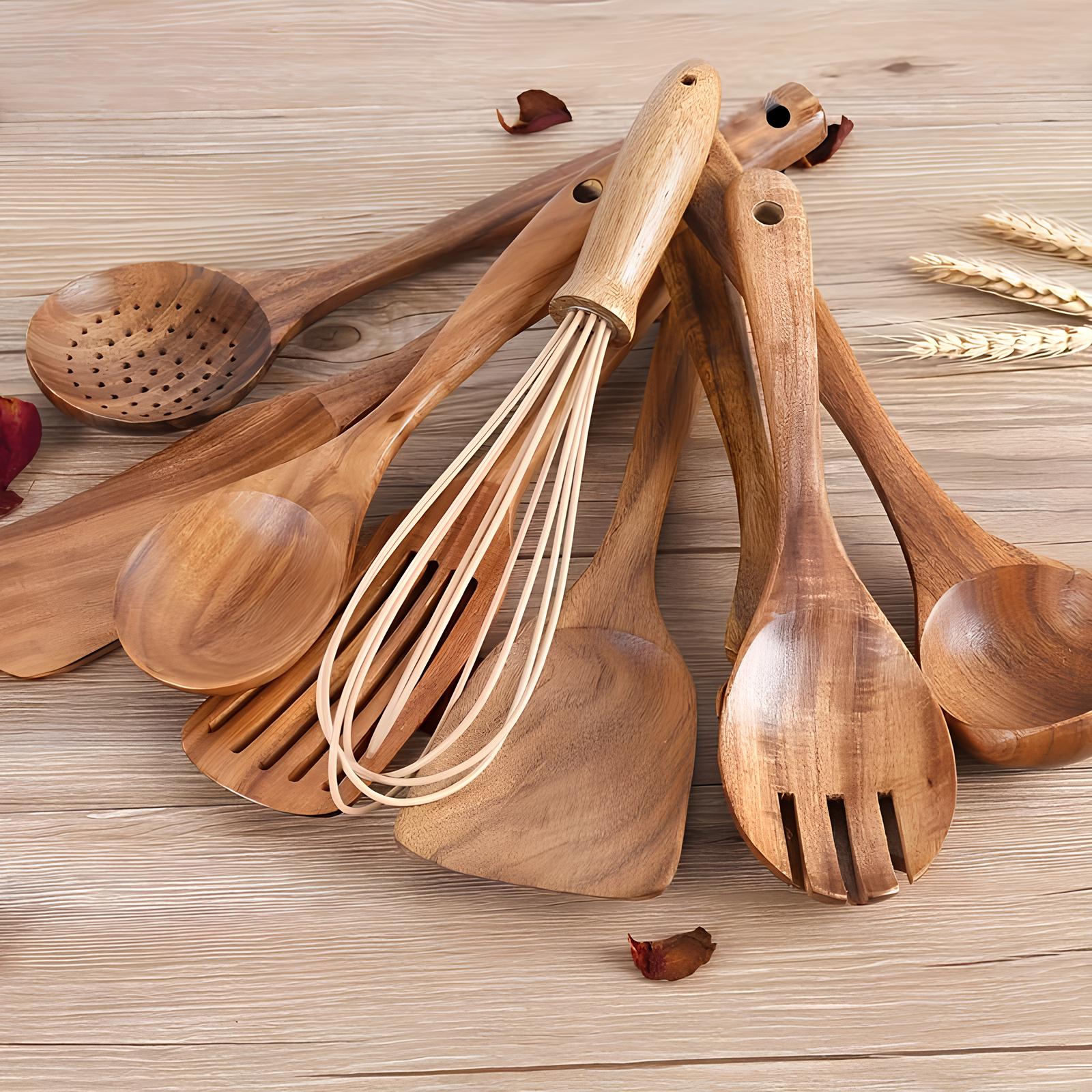Houten Keukengerei Set 11-delig met Houder Teakhout Natuurlijk Scandinavisch Kookbestek Spatel Lepel | Sansoti