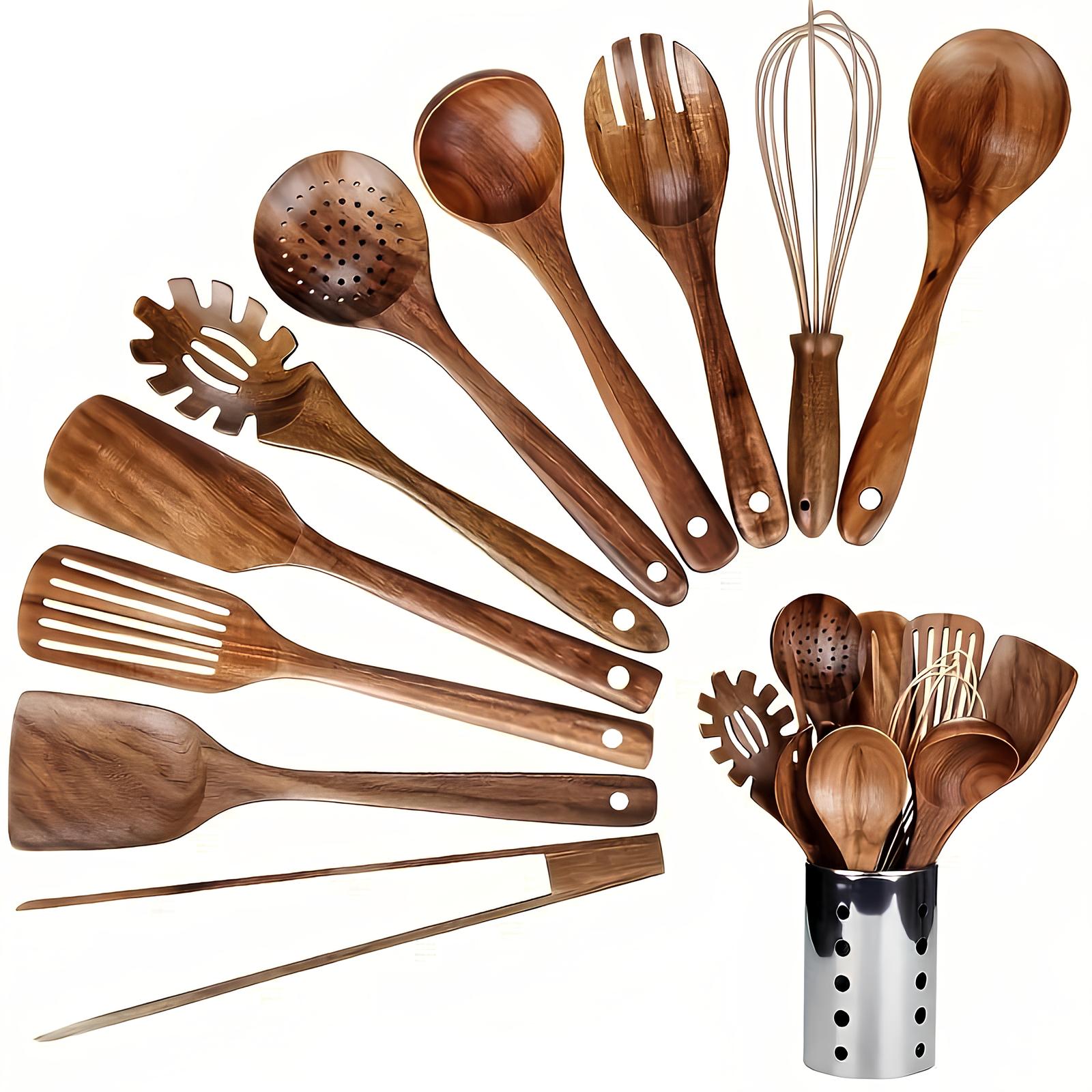 Houten Keukengerei Set 11-delig met Houder Teakhout Natuurlijk Scandinavisch Kookbestek Spatel Lepel | Sansoti