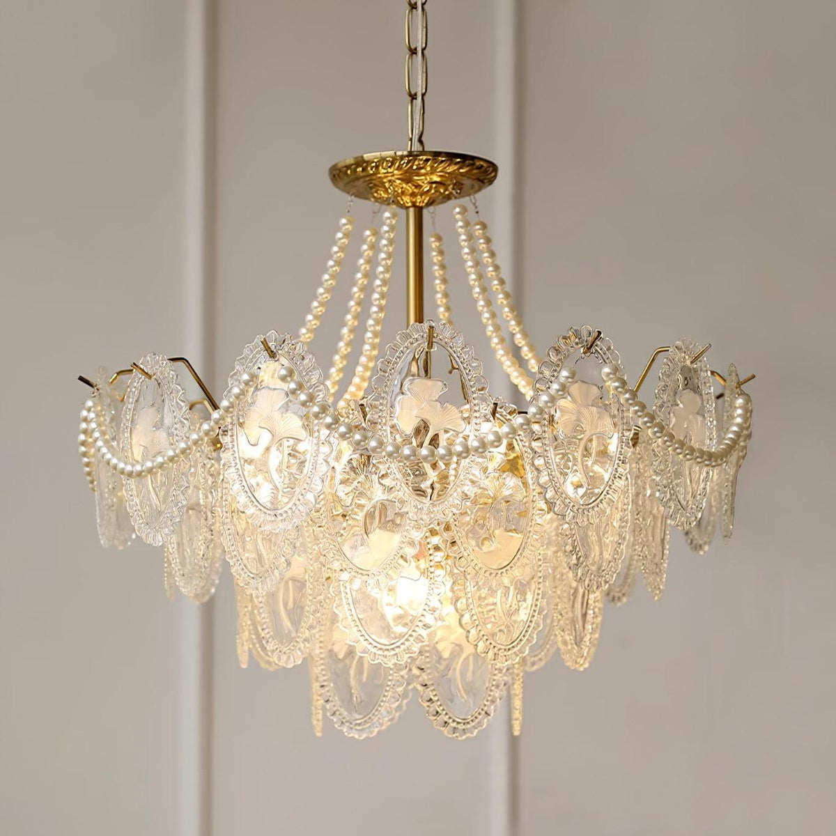 Lustre Perles en verre Métal doré Design à plusieurs niveaux Douille E14 Suspension Salon Salle à manger | Sansoti