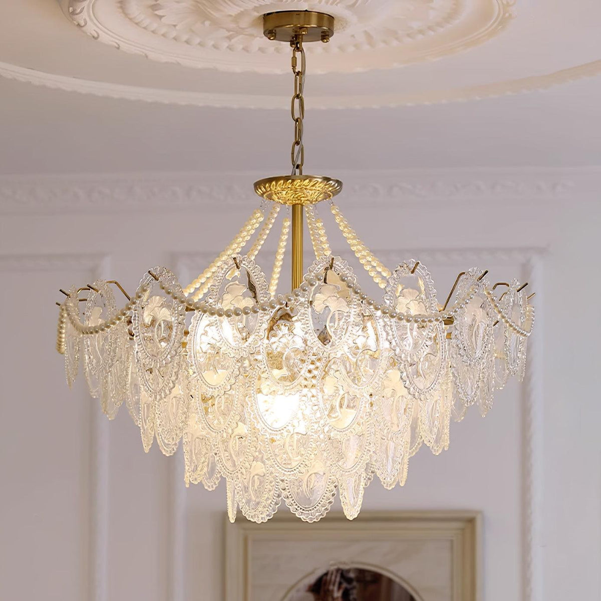 Lustre Perles en verre Métal doré Design à plusieurs niveaux Douille E14 Suspension Salon Salle à manger | Sansoti