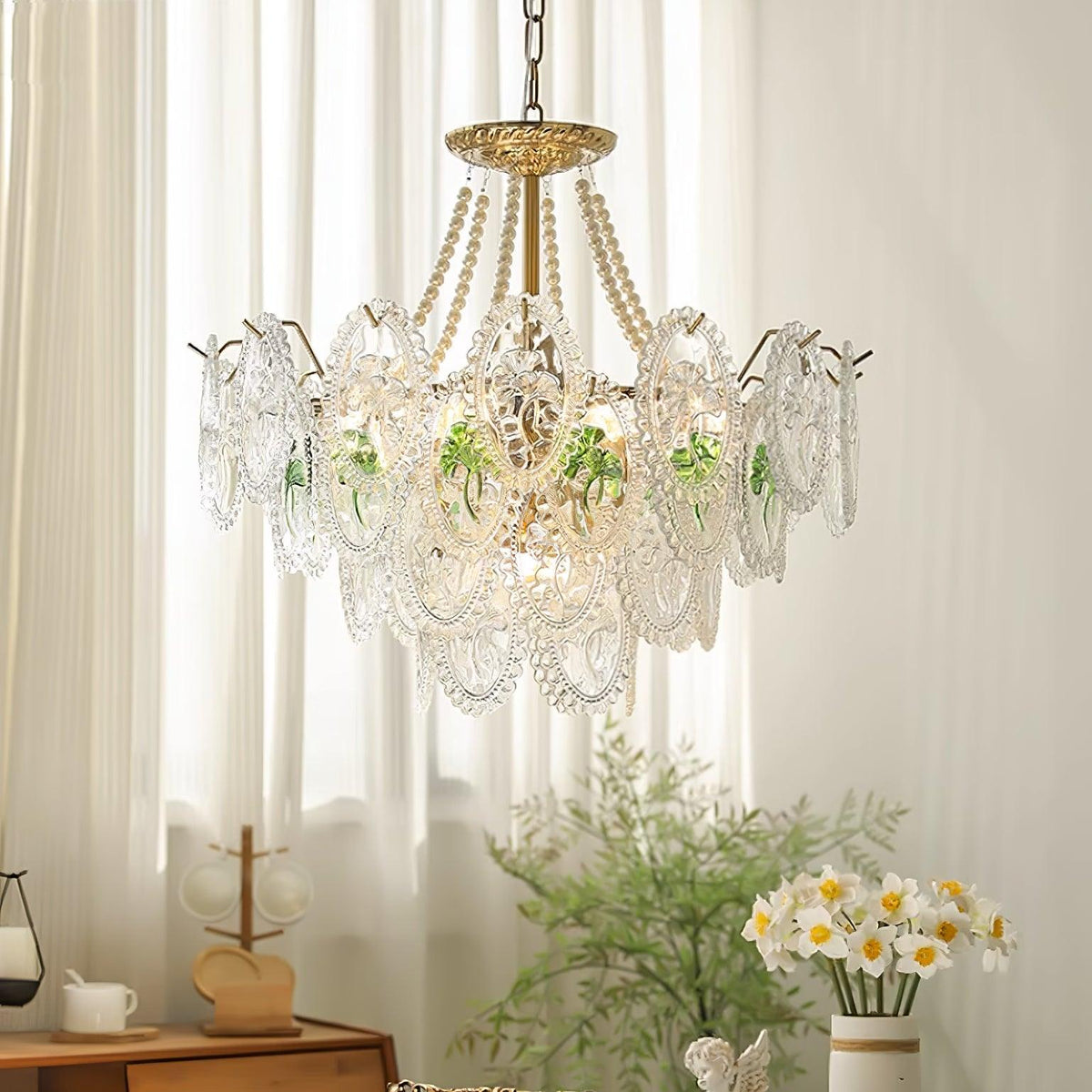 Lustre Perles en verre Métal doré Design à plusieurs niveaux Douille E14 Suspension Salon Salle à manger | Sansoti