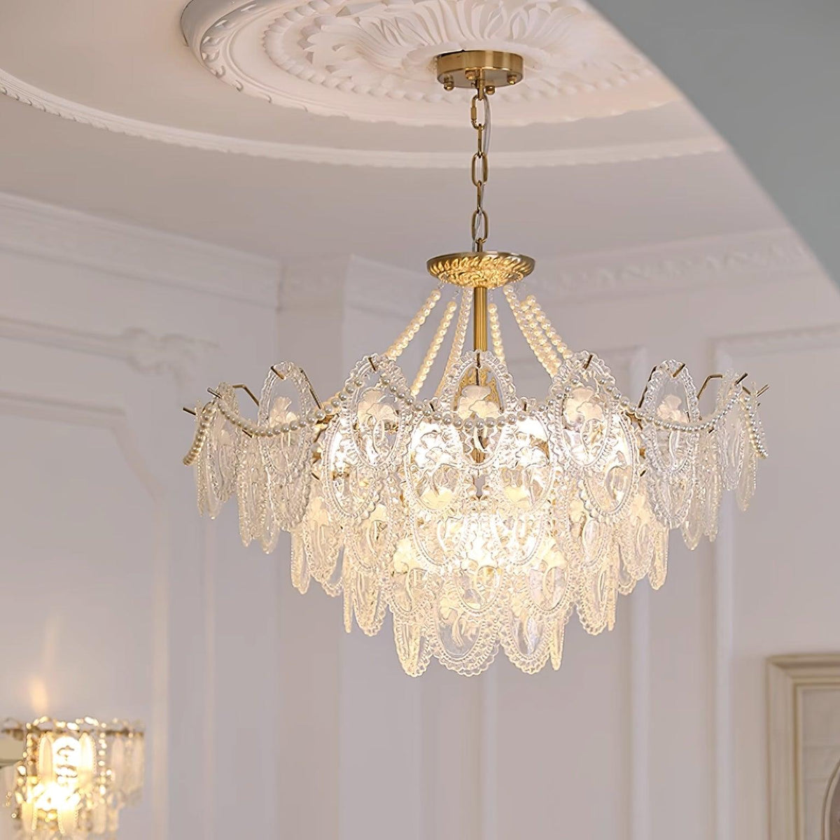 Lustre Perles en verre Métal doré Design à plusieurs niveaux Douille E14 Suspension Salon Salle à manger | Sansoti