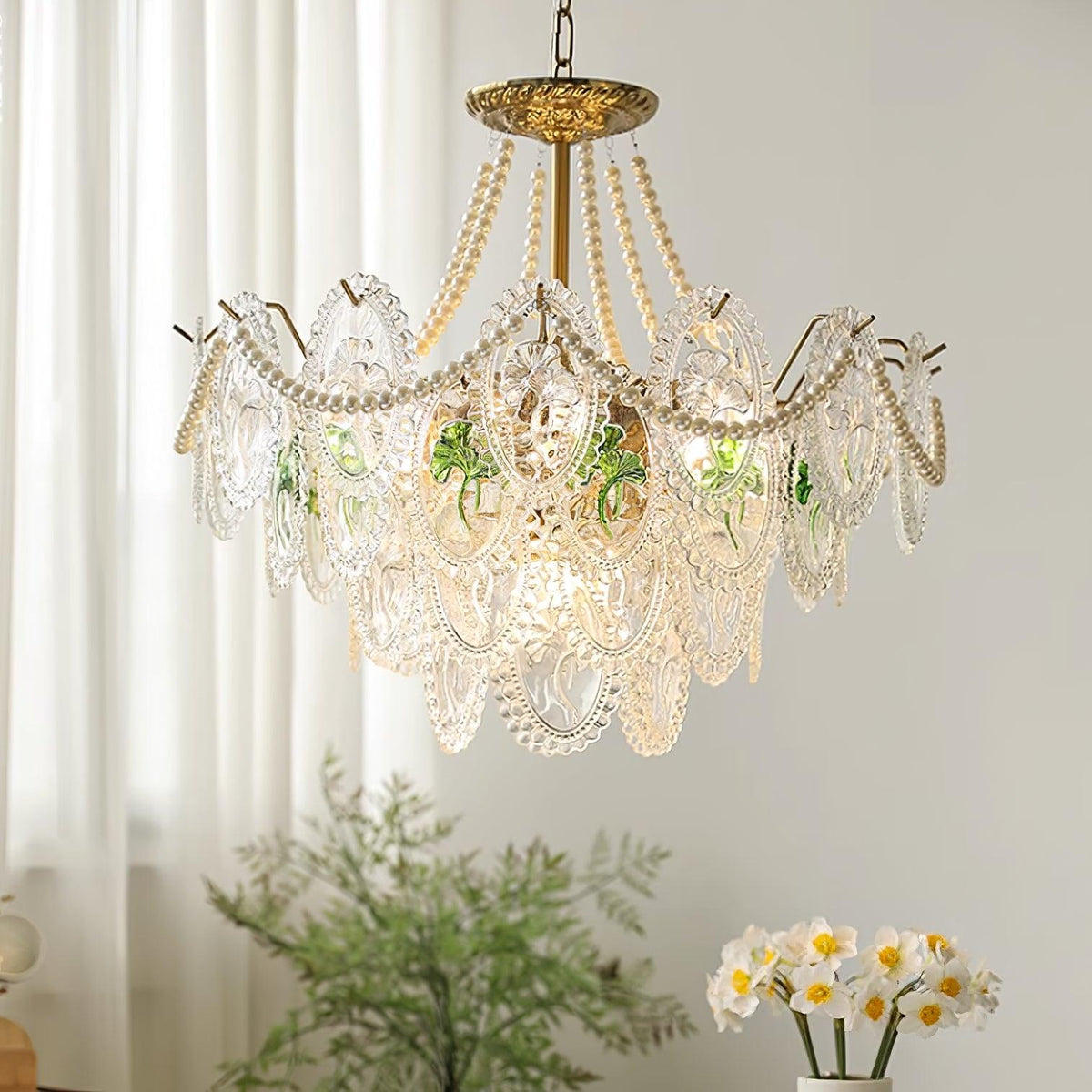 Lustre Perles en verre Métal doré Design à plusieurs niveaux Douille E14 Suspension Salon Salle à manger | Sansoti